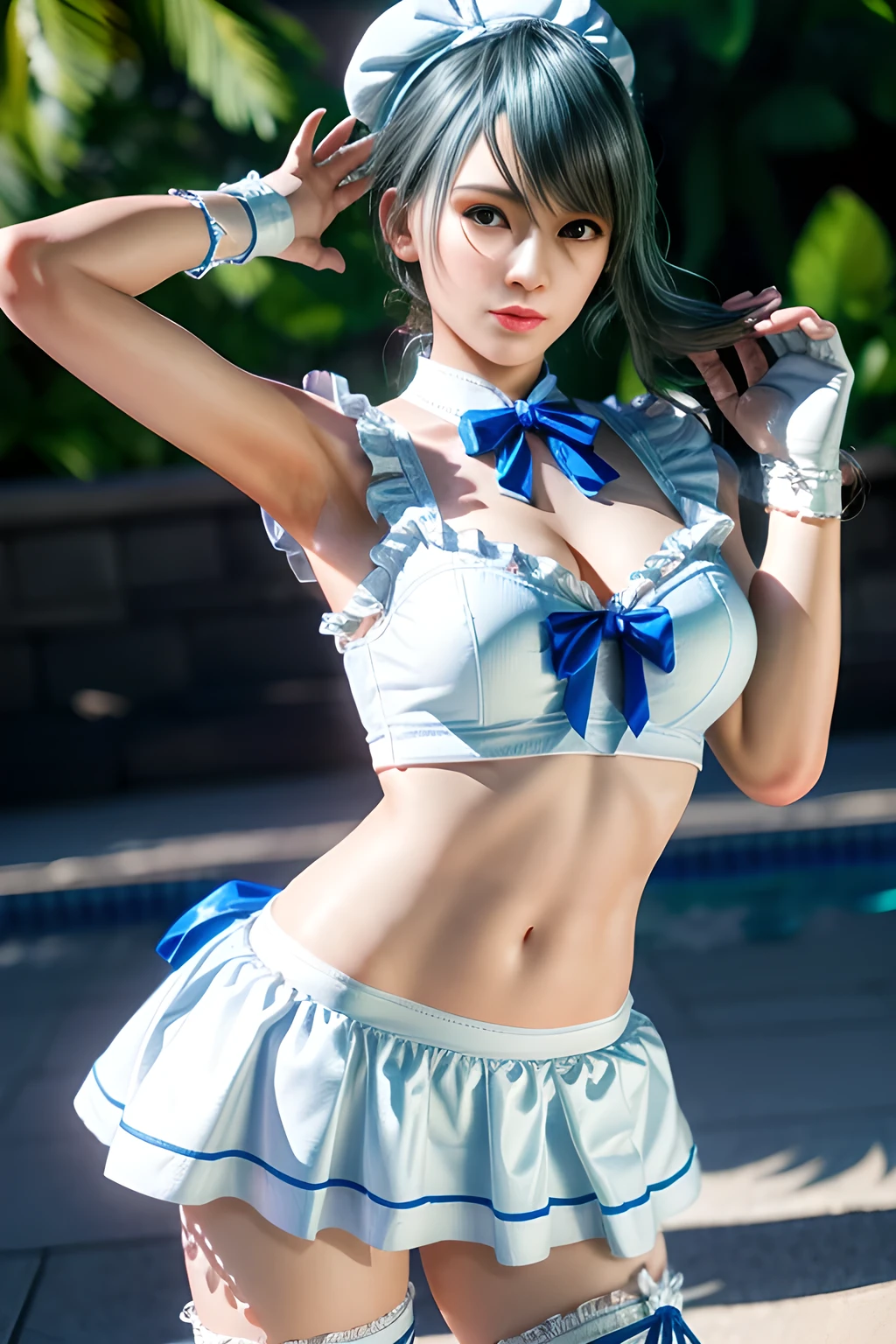 1girl, BREAK (white and black theme:1.4), (fusion of (sleeveless white high neck and collared [crop top]) and (black puff sleeves):1.4), (white tops and black short sleeves:1.2), (wearing a white half apron over a black skirt:1.4), (waist cincher:1.3), (white half apron), ((white maid head-band with ruffles on head, white brim on head):1.3), (white thigh high stockings:1.4), ((white arm warmers, white long glove):1.3), BREAK (light-blue theme:1.2), (light-blue lines on skirt:1.3), (light-blue ribbon bow:1.3),  , appealing cleavage,( beautiful tattoo:1.2), overhead view, beautiful detailed eyes, beautiful detailed lips, extremely detailed eyes and face, long eyelashes, feminine charm, detailed texture, snug fit, fashionable, soft fabric, radiant skin, (best quality,4k,8k,highres,masterpiece:1.2), ultra-detailed, (realistic,photorealistic,photo-realistic:1.37), tamaki