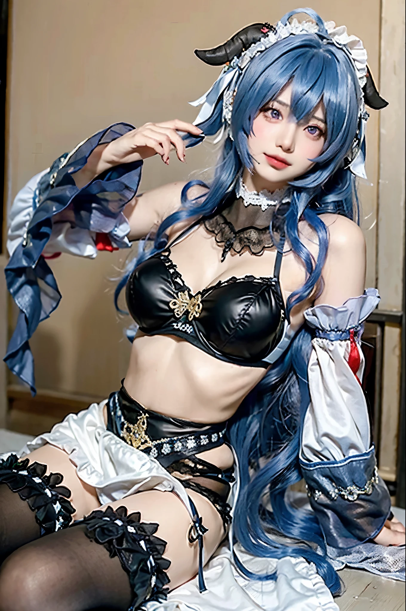 head tilt,FA,(MP-E, macro, 65mm, f/2.8),ultra realistic,32k,RAW photo,(high detailed skin:1.2),8k uhd,high quality,Ganyu_maid,1girl,ganyu \(genshin impact\),solo,blue hair,thighhighs,twin horn,detached sleeves,purple eyes,upper body,long hair,black knee,looking at viewer,bangs,maid headdress,bare shoulder,cafe, naked ass, only sexy black bra