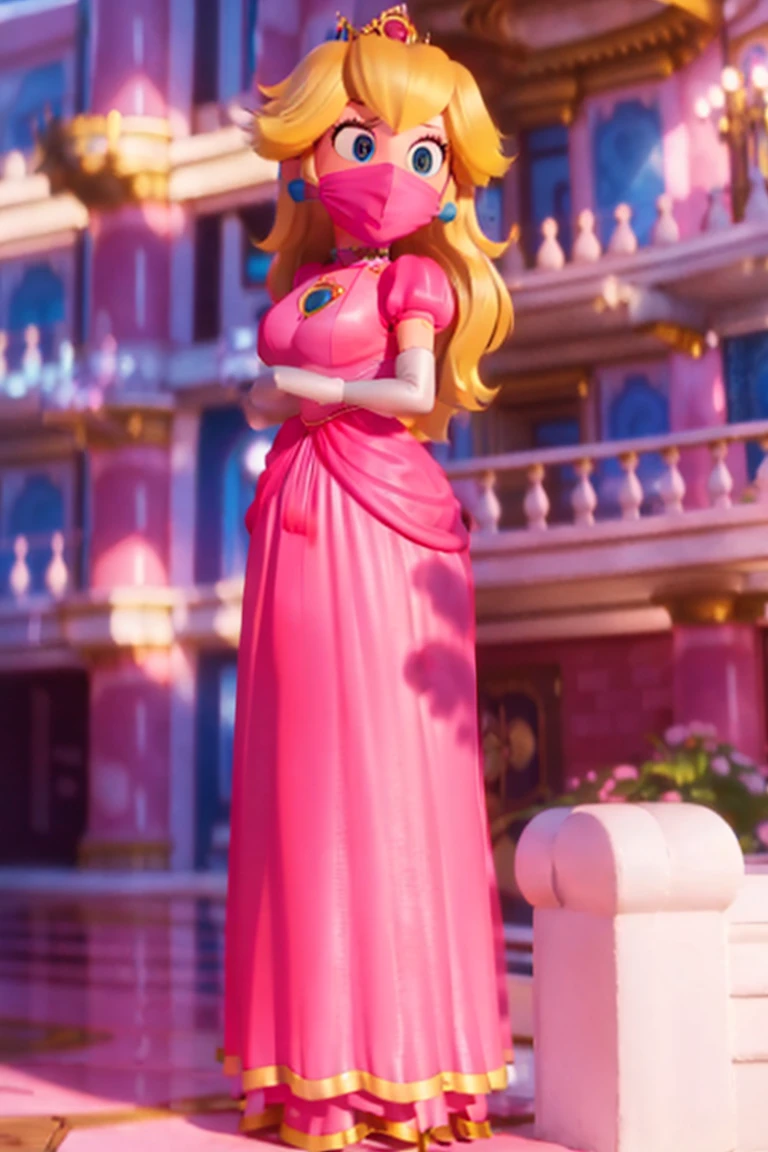 solo, 1girl, (Inside a doungeon),  A  Princess Peach wearing a beautiful hot long pink dress, she is over 6 feet tall and wears a golden crown atop her blond hair and white gloves , ((full model view, full body view)), (shibari, bondage, arms behind back:1.4), ((arms behind back: 1.4)), standing, shibari, (tight face mask), (tigth mask), (face masked), (mask gag), (black latex mask)