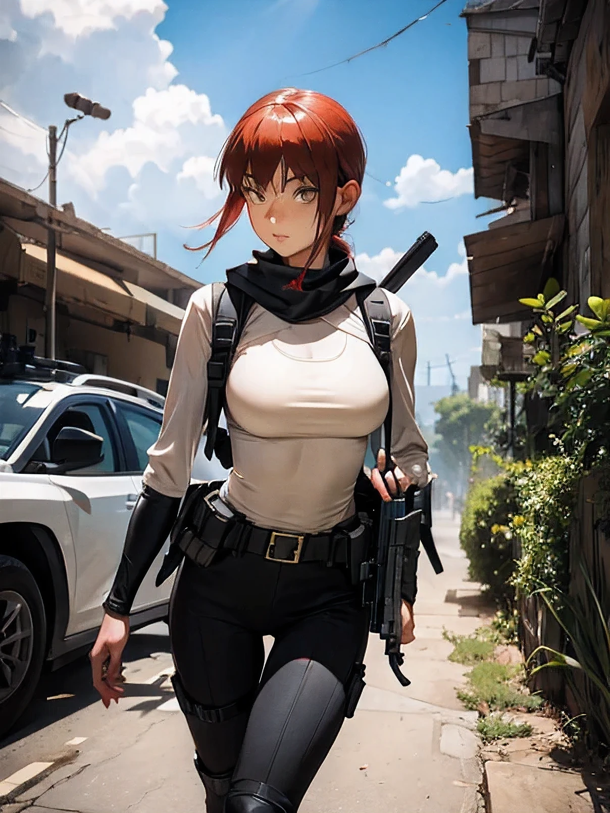 Black bodysuit soldier female skinny short hair Gun Holster goggles battlefield bandana sniper