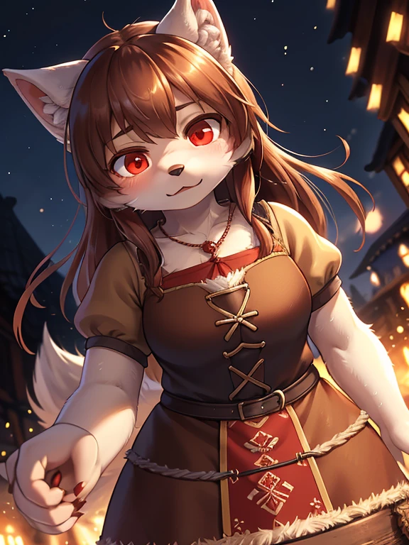 spice and wolf style , Unrealistic Perspective , dynamic angle , rule of thirds Layout , Bokeh , dynamic fashion model action , hairy wolf girl , realistic hairy fur , round face , moist round red eyes , Swollen cheeks , white skin , white fur , (midnight) , (Medieval European villager clothing), Canine, , accidents , Happenings , sensational