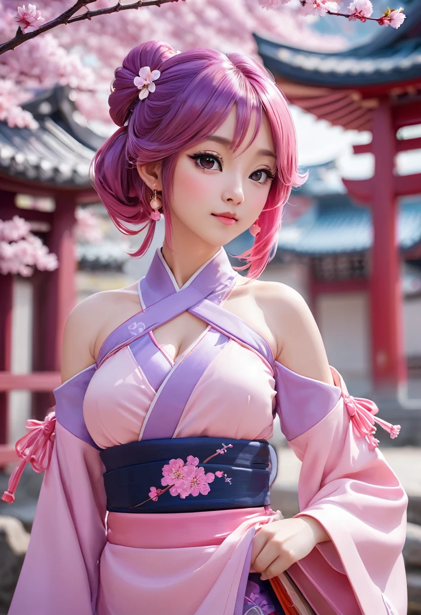 loraggl15, 1 girl, (ulzzang-6500:0.7), Kpop-idea, yae miko, detached sleeves, bare shoulders, pink hair, long hair, japanese clothes, best quality, (painting:1.5), (hair decoration:1. 35), jewellery, purple eyes, earrings, breasts, torii, cherry blossoms, lantern light, depth of field, detailed face, face focus, bow_trim, (viewer view:1.25), non-traditional miko, shiny skin, long sleeves, smile, thick lips, play CG, hands on lips, East Asian architecture, (blurred background:1.2), sitting, upper body,loraggl15,