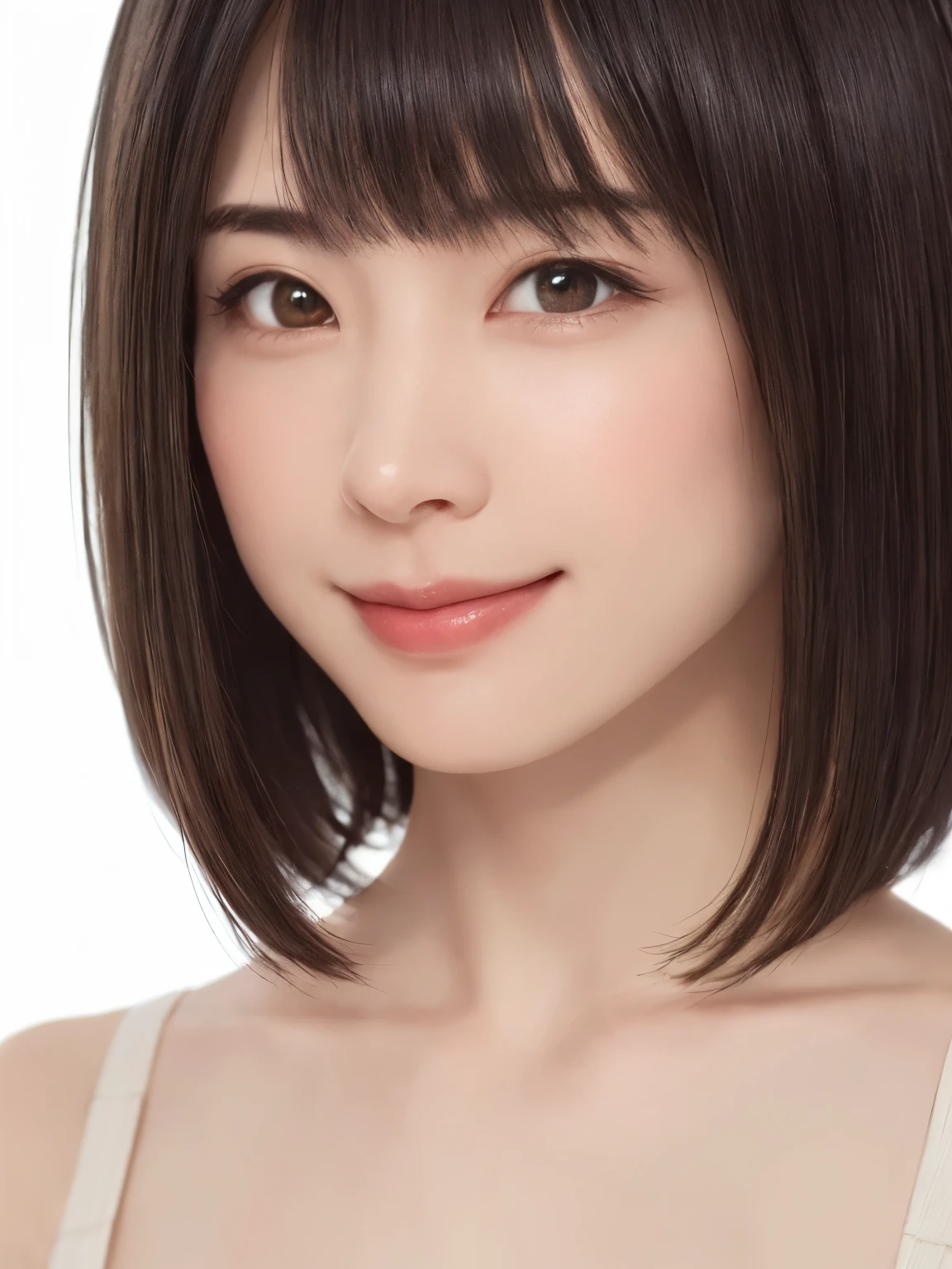 1 girl, alone, Shiny skin, chest, very detaileded, ultra detaileded, Ultra-high resolution, whole body, (Photorealism:1.4), (highest quality), (Best Shadow), Ulzzang-6500, detailed, Perfect lighting, Black Hair, ((Showpiece, highest quality, High precision)), One Girl, (big chest, Realistic: 1.4), (look up at the camera even a little, カメラをlook up, look up, look up at the camera, Looking into the camera))), alone, , White Background, snow-White Background, shut up., smile, pretty Black Hair, short hair, Big eyes, Transparent double eyelids, eyelash, listen, Long neck, Long neck, Absolute area, ((Face close-up, short hair with bangs)), 19 years old, Attractive proportions, Shiny skin, Beautiful clavicle, Golden ratio face, Perfect Face, Teardrop-shaped mole, chestのほくろ, bangs, clean bangs, beautiful bangs, Lip gloss, Thin lips, White skin, I took off my clothes, big chest, Small face, Small face, 少し上を向いてLooking into the camera, ((smile a little for the camera, really nothing pure White Background, very big big chest, big chest))
