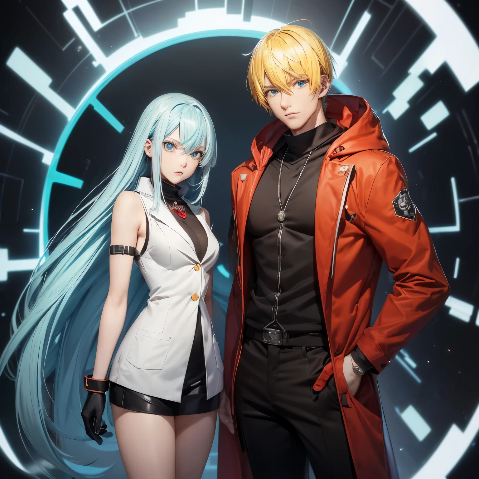 ((Couple)), ((Scientist)), ((26 years old, male with Yellow hair, Aqua Blue eyes)), ((26 Years Old,female with Black  long Hair, Hime Cut, Bang, White eyes)),, red scarf, red hoodie vest, sleeveless, black pants, black gloves, slim, up to legs, intimidating aura