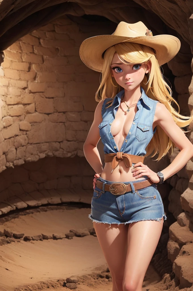 (((1 person:2.0))),(((Cowgirl Costume))),(((Slim Body 1.5))),(((Small Ass))),(((Denim mini skirt))),(((Wear a western hat))),(((Wearing one belt))),(((He is wearing a sleeveless collared shirt, Plaid, Front tie shirt.))),(((Wear an accurate watch))),(((Sandals))),(((Showing cleavage))),(((Showing your belly button))),(((Exposing thighs))),(((Small breasts:1.5))),(((Bare arms))),(((Her hair is blonde))),, Beautiful detailed girl, Very detailed目と顔, 緻密でBeautiful Eyes, Very detailed, High resolution, highest quality, masterpiece, Very detailed, 8k wallpaper, wonderful, finely, highest quality, The light shines on your face,(((underground:1.5))),((It's dark inside)),Beautiful Eyes,(((Blushed:1.2))),(((Shooting from below:1.5))),(((Are crying:1.2)))