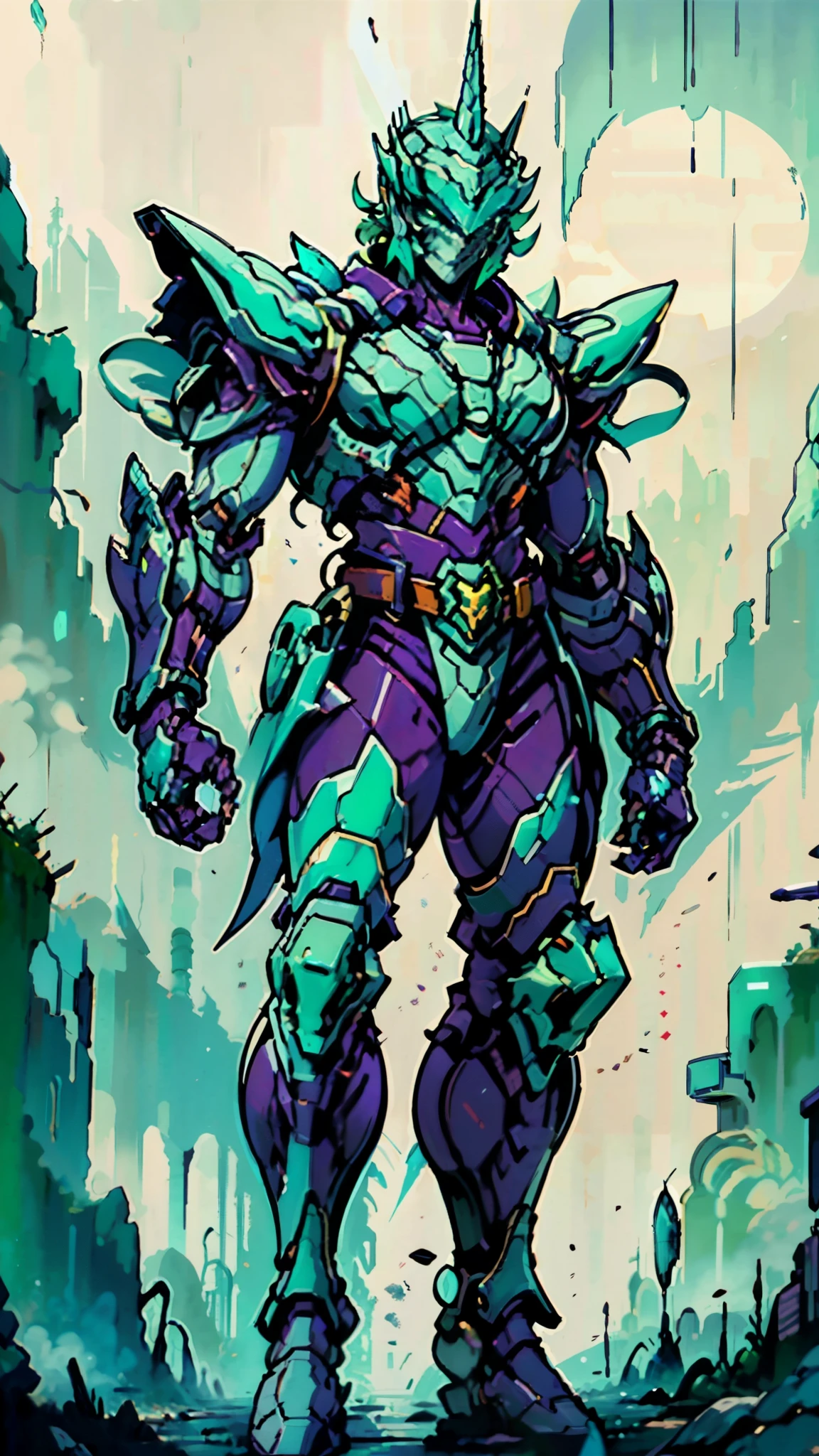 A man wearing a full-face helmet, a fantasy-style biotech armored combat suit, green eyes, (a composite layered chest armor), fully enclosed shoulder guards, matching arm and leg guards, the belt is adorned with Horseshoe-shaped marker, (the color scheme is primarily white with green accents), the design balances heavy with agility, a high-tech bio-mecha armor, (Armor Concept Inspired by Unicorn, stand on the top of a skyscraper in a futuristic sci-fi city), this character embodies a finely crafted fantasy-surreal style armored hero in anime style, exquisite and mature manga art style, (battle damage, element, plasma, energy, the armor glows), ((male:1.5)), metallic, real texture material, dramatic, high definition, best quality, highres, ultra-detailed, ultra-fine painting, extremely delicate, professional, perfect body proportions, golden ratio, anatomically correct, symmetrical face, extremely detailed eyes and face, high quality eyes, creativity, RAW photo, UHD, 32k, Natural light, cinematic lighting, masterpiece-anatomy-perfect, masterpiece:1.5