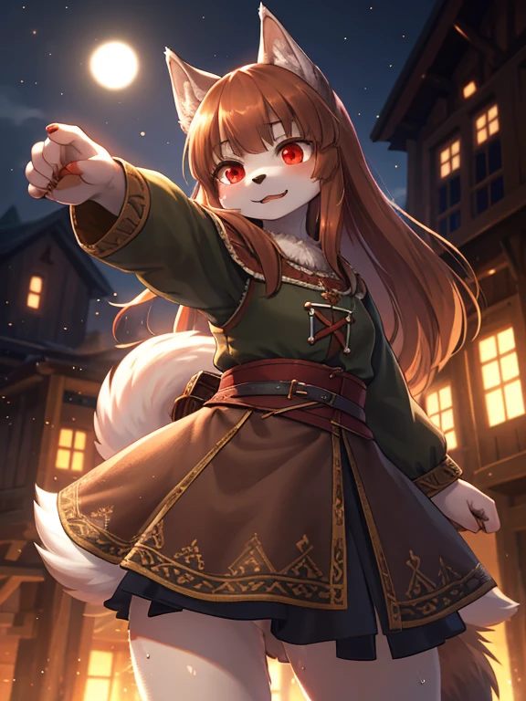 spice and wolf style , Unrealistic Perspective , dynamic angle , rule of thirds Layout , Bokeh , dynamic fashion model action , hairy wolf girl , realistic hairy fur , round face , moist round red eyes , Swollen cheeks , white skin , white fur , (midnight) , (Medieval European villager clothing), bare Canine, , accidents , Happenings , sensational