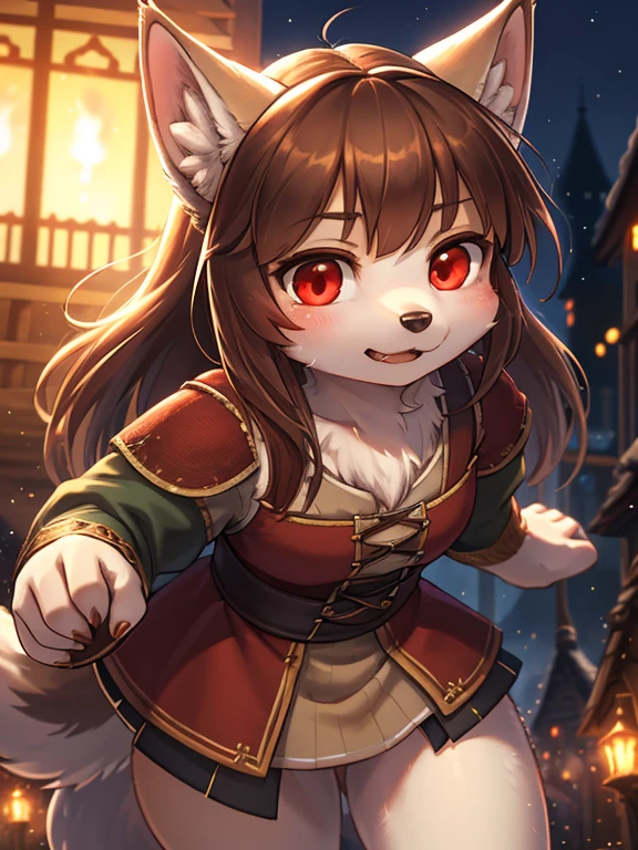 spice and wolf style , Unrealistic Perspective , dynamic angle , rule of thirds Layout , Bokeh , dynamic fashion model action , hairy wolf girl , realistic hairy fur , round face , moist round red eyes , Swollen cheeks , white skin , white fur , (midnight) , (Medieval European villager clothing), bare Canine, , accidents , Happenings , sensational