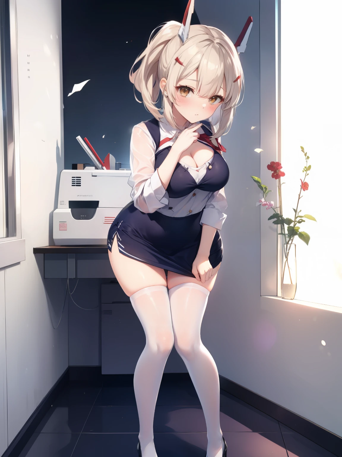 highest quality, Flying debris、Azur Lane Ayanami、Beautiful woman、officeレディー、Black Hair、(Brown eyes、Big Breasts)、short hair、チェック柄のダークブルーのofficeスーツ)、new employee,Full Body Shot、Female office lady、break(Dark blue checked vest、White dress shirt、Navy blue mini tight pencil skirt:1.2)、(Black knee-high、Absolute area、High heels)、break(office:1.3)、Cleavage、Unbutton your shirt、blush、Embarrassed、Troubled face、The skirt is torn、Lift up the skirt、Standing posture