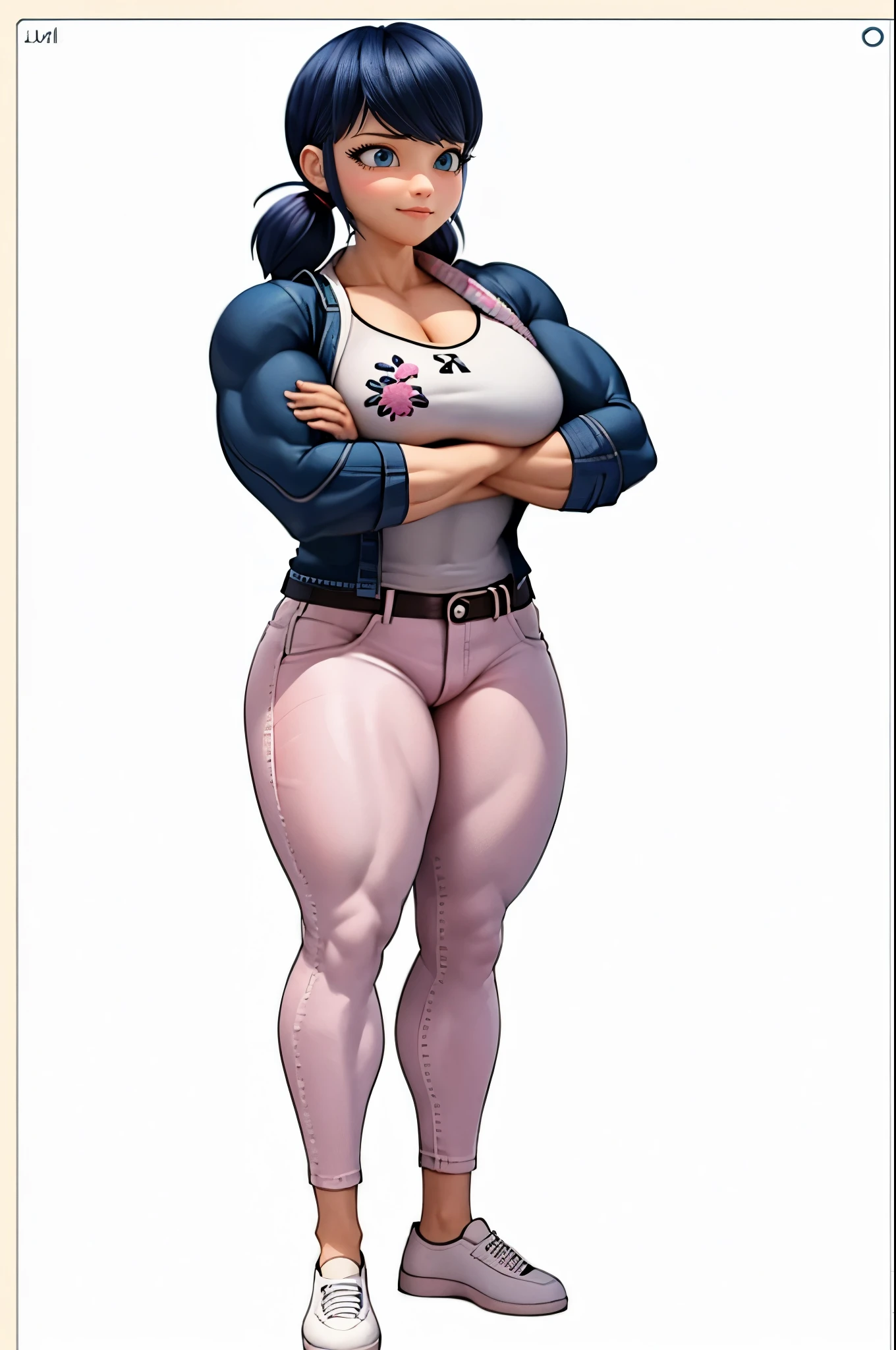(big muscular female bodybuilder, beautiful detailed eyes, beautiful detailed lips:1.1,strong physique, two short pigtails, (smile), ( Marinette wears a white printed shirt ), ((( dark pink jean's , plane jean's, without pattern))) black jacket,, and ballet flats.), lifting weight, muscular arms and legs:1.2, toned abs, powerful expression,sweating:1.1, bed background:0.9, intense focus:1.1, vibrant colors, dramatic lighting), rippling muscles,sturdy frame,dark tan,fit around the waist,tight abs,strong arms and shoulders,intense expression,determined look,well-defined muscles and veins,straining muscles,artistic pose,steely gaze,side lighting,powerful presence,vivid colors,dynamic composition,studio lighting,physically-based rendering,athletic build,bodybuilding silhouette,professional,gritty texture,bokeh.