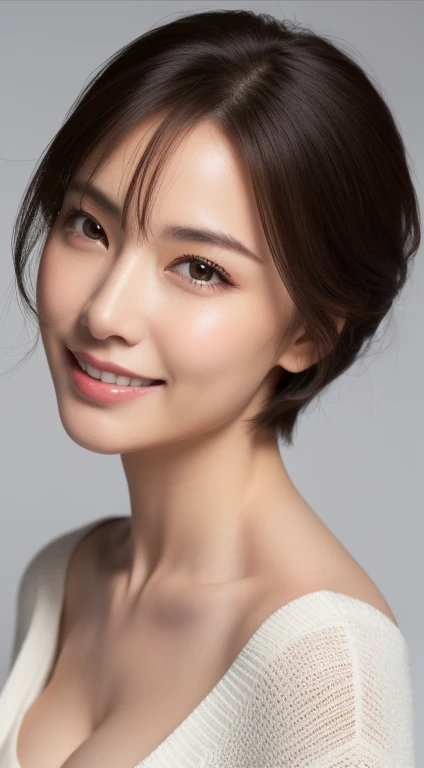 (masterpiece:1.3), (8k, Photorealistic, Raw photo, Best image quality: 1.4), Japanese 、(Random Hairstyles:1.2)、Cleavage:1.2、Super detailed face、Attention to detail、double eyelid、Put your chest together、Hollow Eyes、Beautiful woman:1.4、Light brown hair、highest quality、masterpiece、超A high resolution、(Photorealistic:1.4)、Highly detailed and professionally lit smile、Loose, lightweight knitwear、Shoulders out、thin、Serious expression、Short-haired、Deadly position