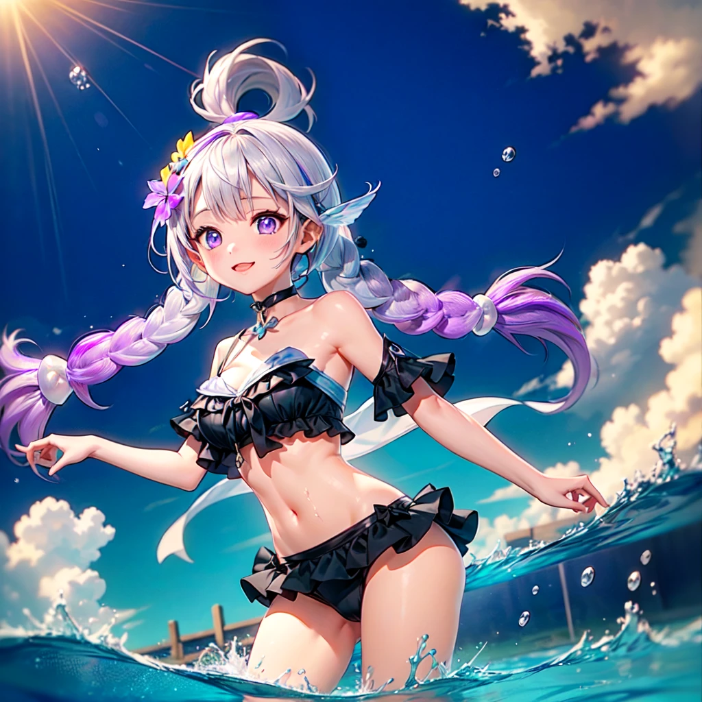 Disorganized、Man and woman couple、highest quality、Masterpiece、Official Art、16K、The best composition、The best light source、The girl has milky white hair with purple inner color, twin long braids, and is wearing a black and purple bikini.、The man had short milky white hair and was wearing white and light blue swimming trunks.、Midsummer Sea、Water Splash、Smiling and splashing water on each other、