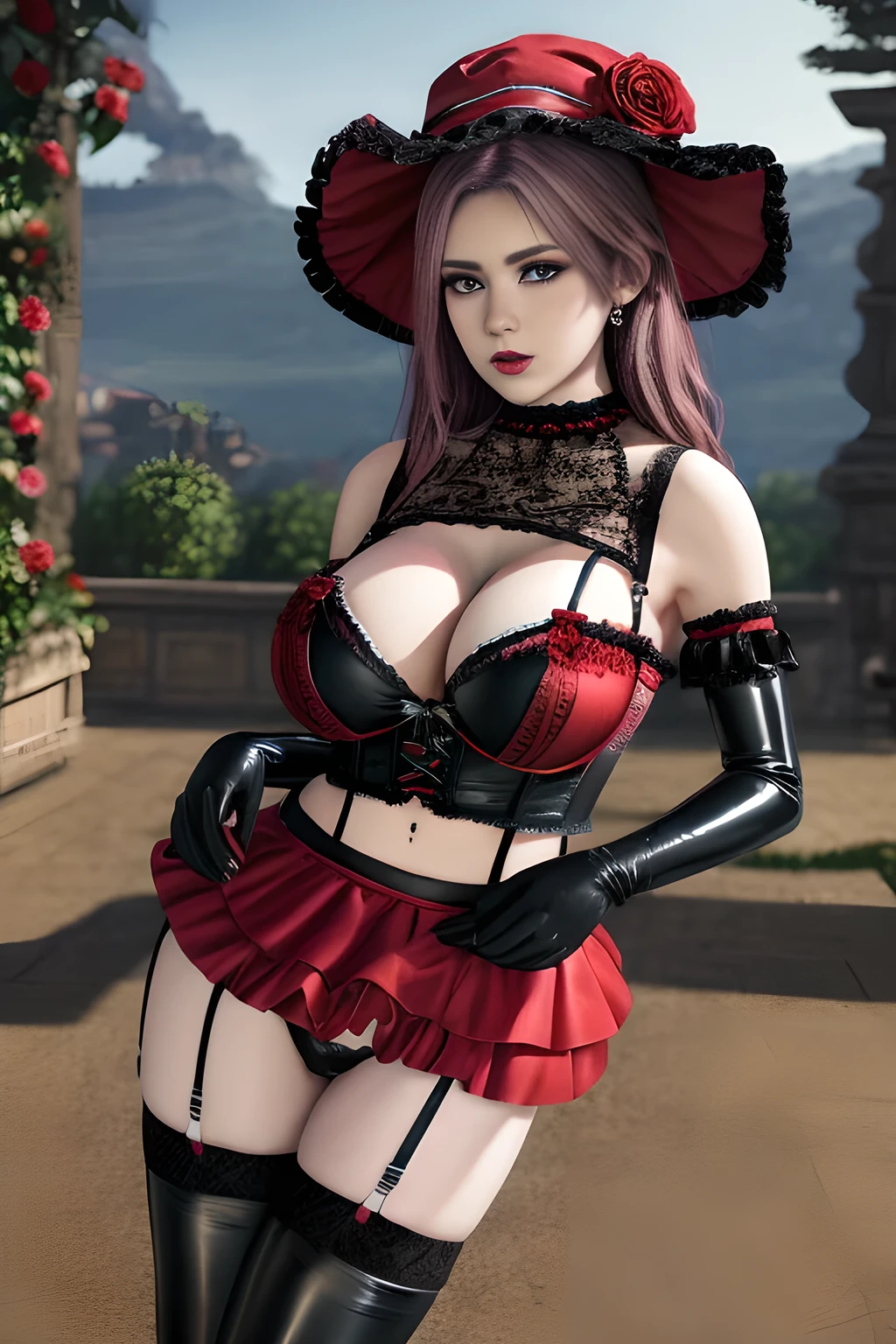 1 girl,BREAK (Royal:1.4), (red and black theme:1.5), ((red) bucket hat with rose corsage:1.4), (fusion of black high neck crop top and latex (red bustier):1.4), ((floral lace, see-through):1.3), ((sleeveless, bare shoulders):1.3), (red tiered skirt with black ruffles:1.4), ((ultra long gloves) with floral lace:1.3), (wrap a (cat garter) around thighs:1.4), outdoor,elegant,nighttime,moonlighe,shiny skin,( huge breasts), lip gloss,tattoos, masterpiece, best quality, realistic ,Surrealism,natural colors art in 8k,soft shadows,High-definition RAW color photos professional portrait photos,solo,  elise,