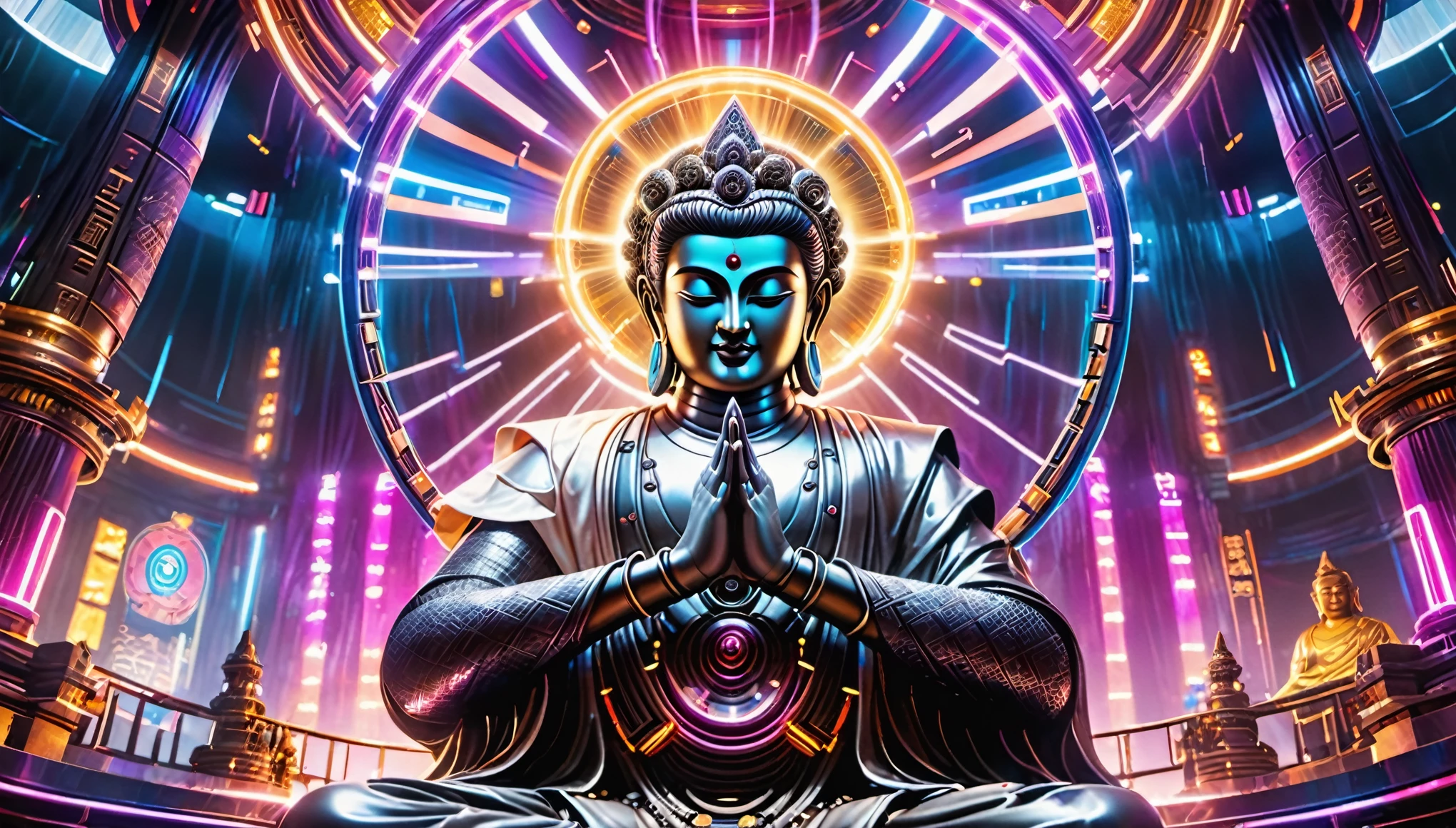 (best quality,highres,ultra-detailed,realistic:1.37),immersive view of the Sacred Mountain with the Enlightened One, Buddha, in the center, surrounded by vibrant neon lights and a cyberpunk atmosphere. The Buddha statue is made of a liquid metal material, reflecting the surrounding lights in a mesmerizing way. The details of the statue are meticulously crafted, showcasing the serene face, intricate hand gestures, and a glowing halo behind. The scene is bathed in a soft, ethereal light, creating a peaceful yet futuristic ambiance.