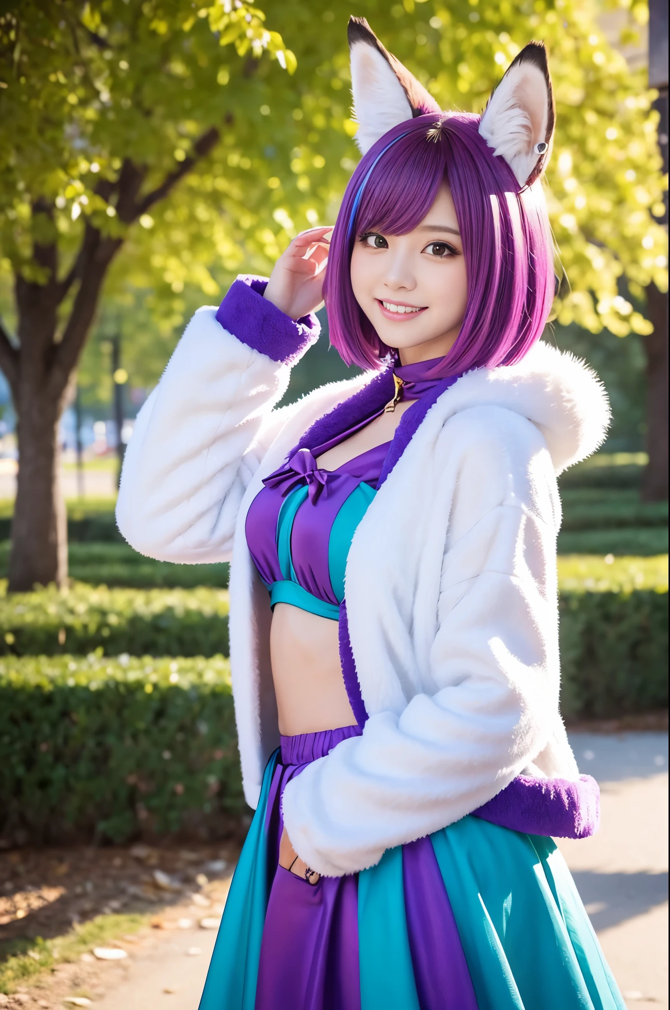 ultra sexy female, (-anime), only 1 female, very short hair, beautiful smile, lipgloss, long lashes, defined eyebrows, detailed fox anime cosplay, fluffy fur vivid colors outfit, cosplay accessoires, fox ears, vivid colors, look at the camera, cinematic light, large park background with trees, sweet and sexy pose