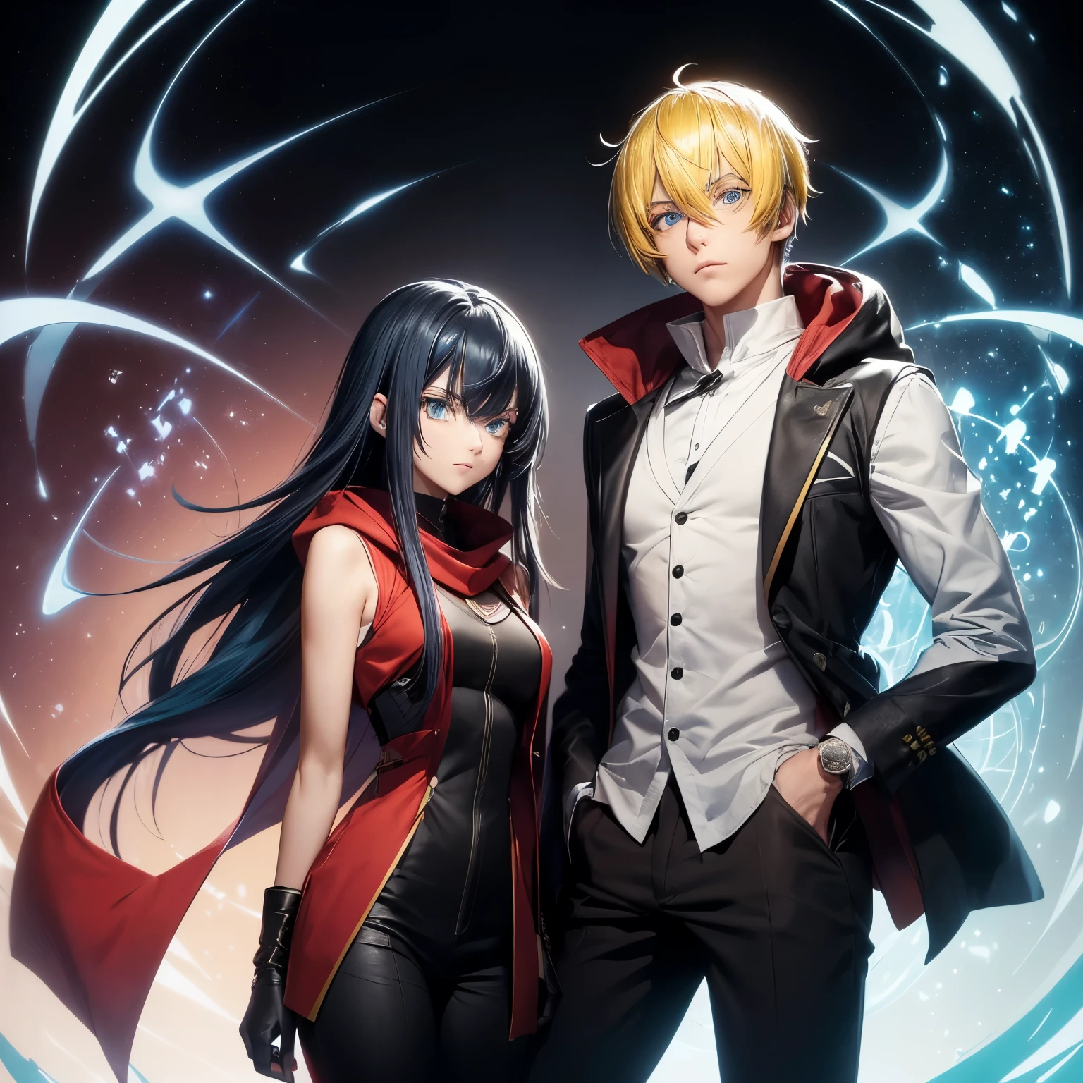 ((Couple)), ((Scientist)), ((26 years old, male with Yellow hair, Aqua Blue eyes)), ((26 Years Old,female with Black long Hair, Hime Cut, Bang, White eyes)),, red scarf, red hoodie vest, sleeveless, black pants, black gloves, slim, up to legs, intimidating aura, with background of Magic Circle