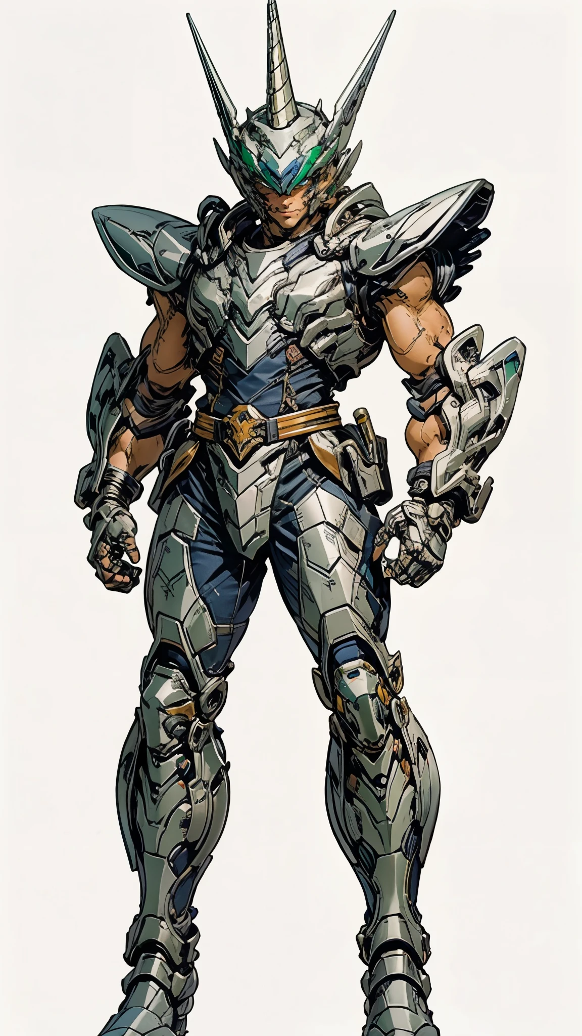 A man wearing a full-face helmet, a fantasy-style biotech armored combat suit, green eyes, (a composite layered chest armor), fully enclosed shoulder guards, matching arm and leg guards, the belt is adorned with Horseshoe-shaped marker, (the color scheme is primarily white with green accents), the design balances heavy with agility, a high-tech bio-mecha armor, (Armor Concept Inspired by Unicorn, stand on the top of a skyscraper in a futuristic sci-fi city), this character embodies a finely crafted fantasy-surreal style armored hero in anime style, exquisite and mature manga art style, (battle damage, element, plasma, energy, the armor glows), ((male:1.5)), metallic, real texture material, dramatic, high definition, best quality, highres, ultra-detailed, ultra-fine painting, extremely delicate, professional, perfect body proportions, golden ratio, anatomically correct, symmetrical face, extremely detailed eyes and face, high quality eyes, creativity, RAW photo, UHD, 32k, Natural light, cinematic lighting, masterpiece-anatomy-perfect, masterpiece:1.5