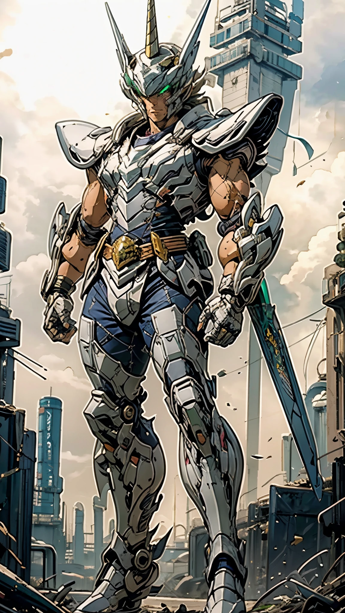 A man wearing a full-face helmet, a fantasy-style biotech armored combat suit, green eyes, (a composite layered chest armor), fully enclosed shoulder guards, matching arm and leg guards, the belt is adorned with Horseshoe-shaped marker, (the color scheme is primarily white with green accents), the design balances heavy with agility, a high-tech bio-mecha armor, (Armor Concept Inspired by Unicorn, stand on the top of a skyscraper in a futuristic sci-fi city), this character embodies a finely crafted fantasy-surreal style armored hero in anime style, exquisite and mature manga art style, (battle damage, element, plasma, energy, the armor glows), ((male:1.5)), metallic, real texture material, dramatic, high definition, best quality, highres, ultra-detailed, ultra-fine painting, extremely delicate, professional, perfect body proportions, golden ratio, anatomically correct, symmetrical face, extremely detailed eyes and face, high quality eyes, creativity, RAW photo, UHD, 32k, Natural light, cinematic lighting, masterpiece-anatomy-perfect, masterpiece:1.5