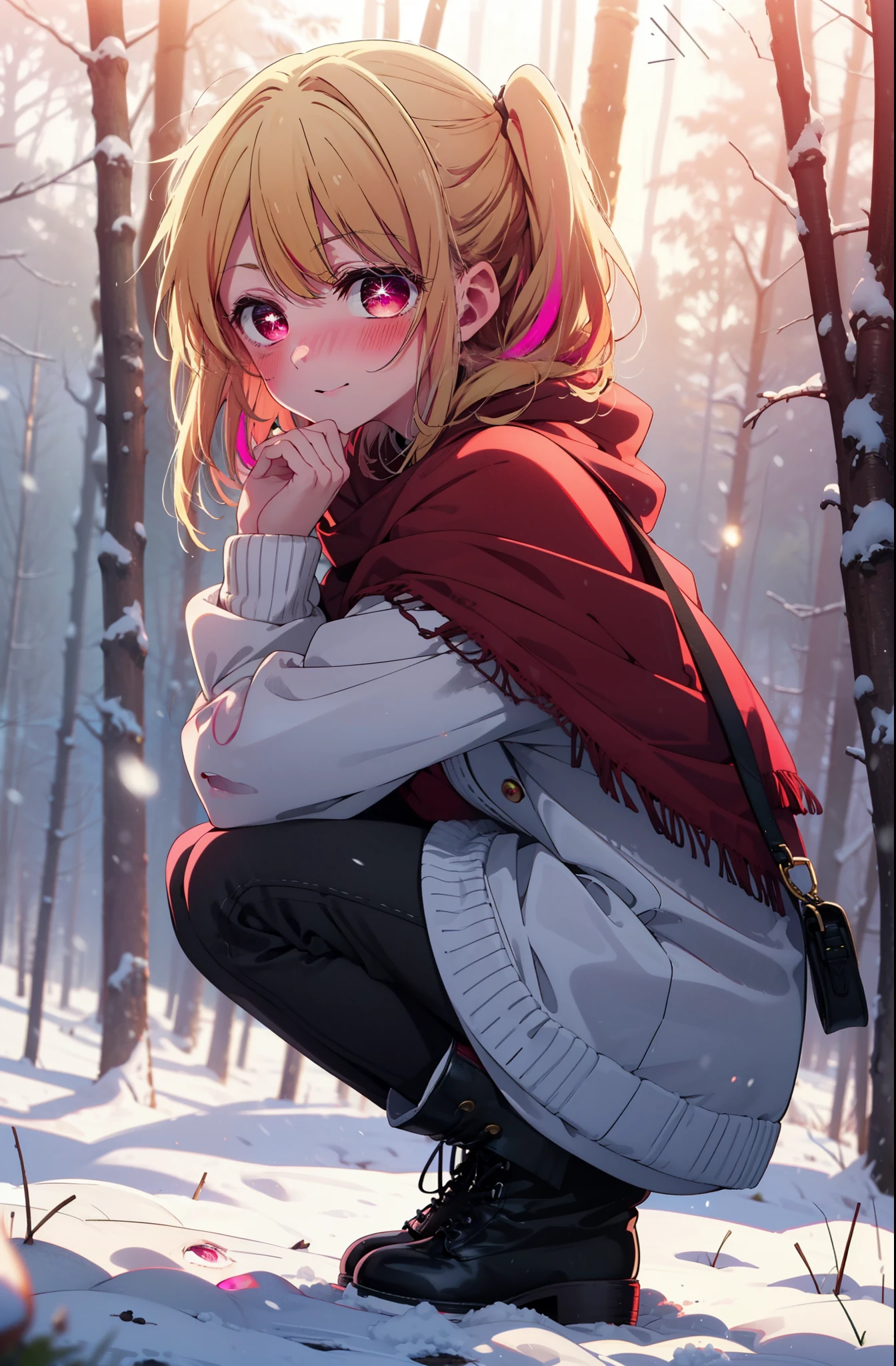 rubyhoshino, Hoshino Ruby, Long Hair, bangs, Blonde Hair, (Pink Eyes:1.3), (Symbol-shaped pupil:1.5), Multicolored Hair, Two-tone hair, smile,blush,White Breath,
Open your mouth,snow,Ground bonfire, Outdoor, boots, snowing, From the side, wood, suitcase, Cape, Blurred, , forest, White handbag, nature, Squat, Mouth closed, Cape, winter, Written boundary depth, Black shoes, red Cape break looking at viewer, Upper Body, whole body, break Outdoor, forest, nature, break (masterpiece:1.2), highest quality, High resolution, unity 8k wallpaper, (shape:0.8), (Beautiful and beautiful eyes:1.6), Highly detailed face, Perfect lighting, Extremely detailed CG, (Perfect hands, Perfect Anatomy),