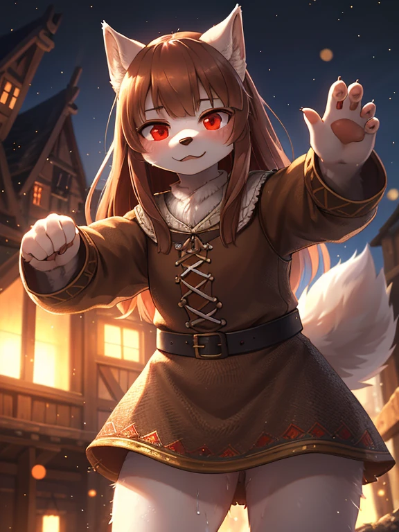 spice and wolf style , Unrealistic Perspective , dynamic angle , rule of thirds Layout , Bokeh  , dynamic fashion model action , hairy wolf girl , realistic hairy fur , round face , moist round red eyes , Swollen cheeks , white skin , white fur , (midnight) , (Medieval European villager clothing), bare Canine, , accidents , Happenings , sensational, Dutch pose