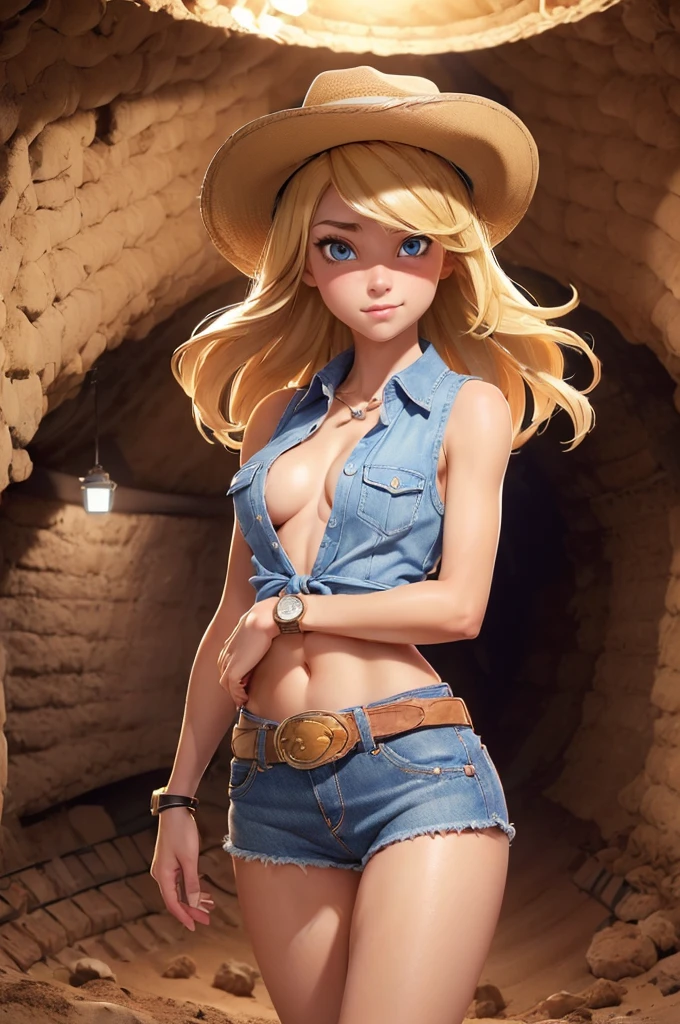 (((1 person:2.0))),(((Cowgirl Costume))),(((Slim Body 1.5))),(((Small Ass))),(((Denim mini skirt))),(((Wear a western hat))),(((Wearing one belt))),(((He is wearing a sleeveless collared shirt, Plaid, Front tie shirt.))),(((Wear an accurate watch))),(((Sandals))),(((Showing cleavage))),(((Showing your belly button))),(((Exposing thighs))),(((Small breasts:1.5))),(((Bare arms))),(((Her hair is blonde))),, Beautiful detailed girl, Very detailed目と顔, 緻密でBeautiful Eyes, Very detailed, High resolution, highest quality, masterpiece, Very detailed, 8k wallpaper, wonderful, finely, highest quality, The light shines on your face,(((underground:1.5))),((It's dark inside)),Beautiful Eyes,(((Blushed:1.3))),(((Shooting from below:1.5))),(((Are crying:1.4)))