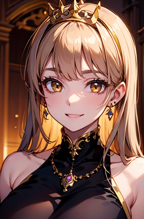 Princess , in castle, high quality, super quality, (detailed face:1.4) ,beautiful young woman , golden eyes, golden hair , tight gorgeous dress, tiara, necklace , earring , sharpe eyebrow , beautiful bangs are covering her eyes , huge breast ,upper body , model pose , smile