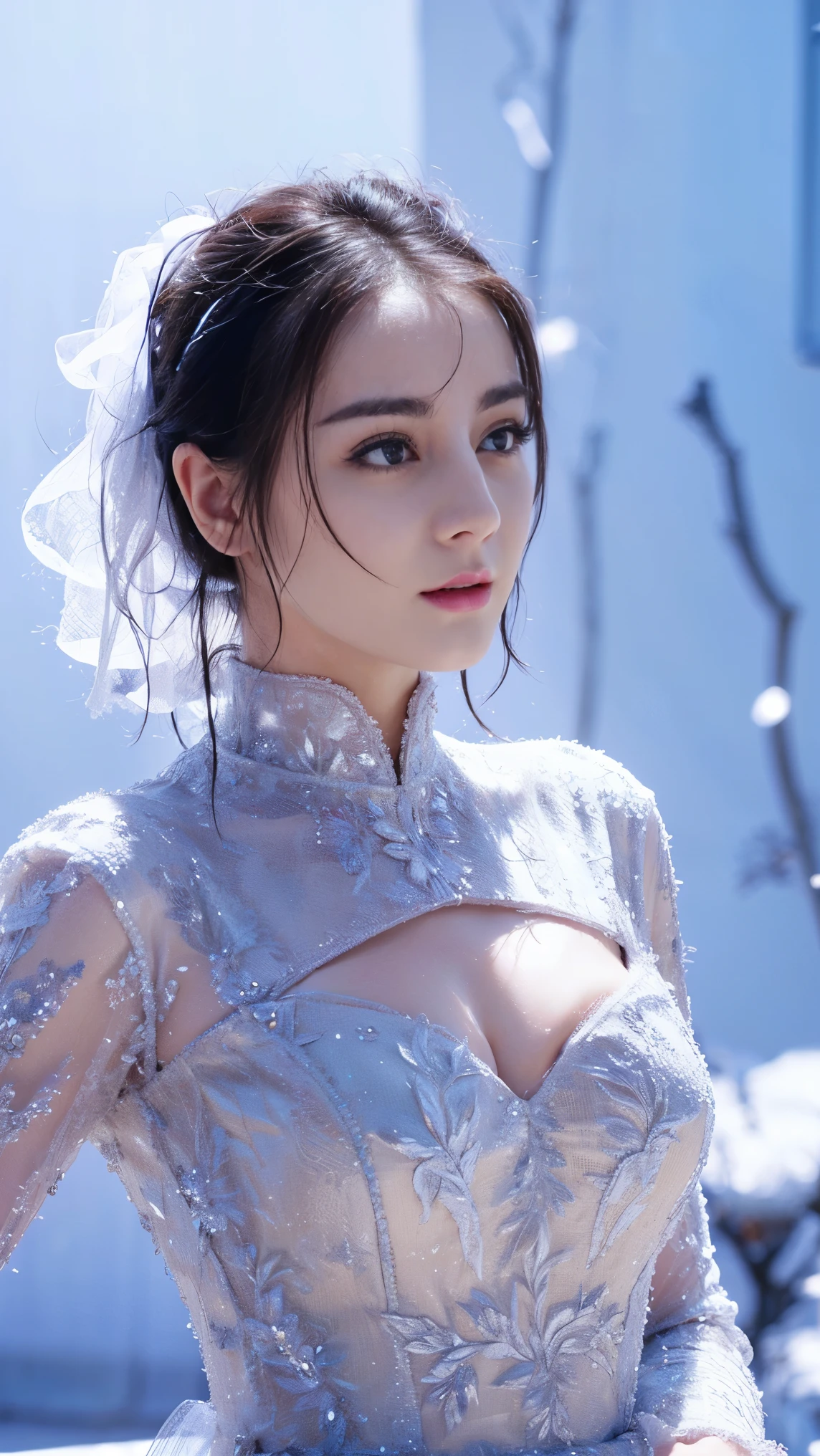 (((masterpiece))), best quality, illustration, 4k wallpaper, light, absurd, 1 girl,(snow,ice), snow花, In winter, white hair, Shiny hair, curls, Transparent clothes, decorate, Lace, Wet clothes, away_Shoulder, Headband,masterpiece, telephoto lens, absurd, Exquisite facial features，Record，Poster composition，strike an elegant pose，，Natural light，Soft Light，（Seven-part combination） ，epic，Fantastic and magical，mystery，Cleavage，exposed