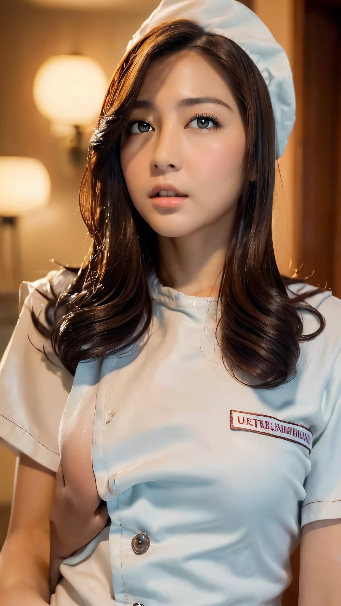 (Best quality, 8k, 32k, Masterpiece, UHD:1.2),Photo of Pretty Japanese woman, 1girl, (medium-short dark brown hair), (large breasts), double eyelid, White nurse uniform, small white nurse (cap), white shirt, open shirt, hospital, patient's room, upper body, sexy