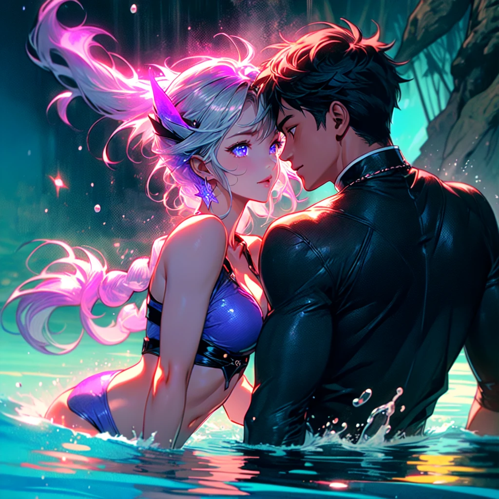Disorganized、Man and woman couple、highest quality、Masterpiece、Official Art、16K、The best composition、The best light source、The girl has milky white hair with purple inner color, twin long braids, and is wearing a black and purple bikini.、The man had short milky white hair and was wearing white and light blue swimming trunks.、Midsummer Sea、Water Splash、Smiling and splashing water on each other、A happy smile、