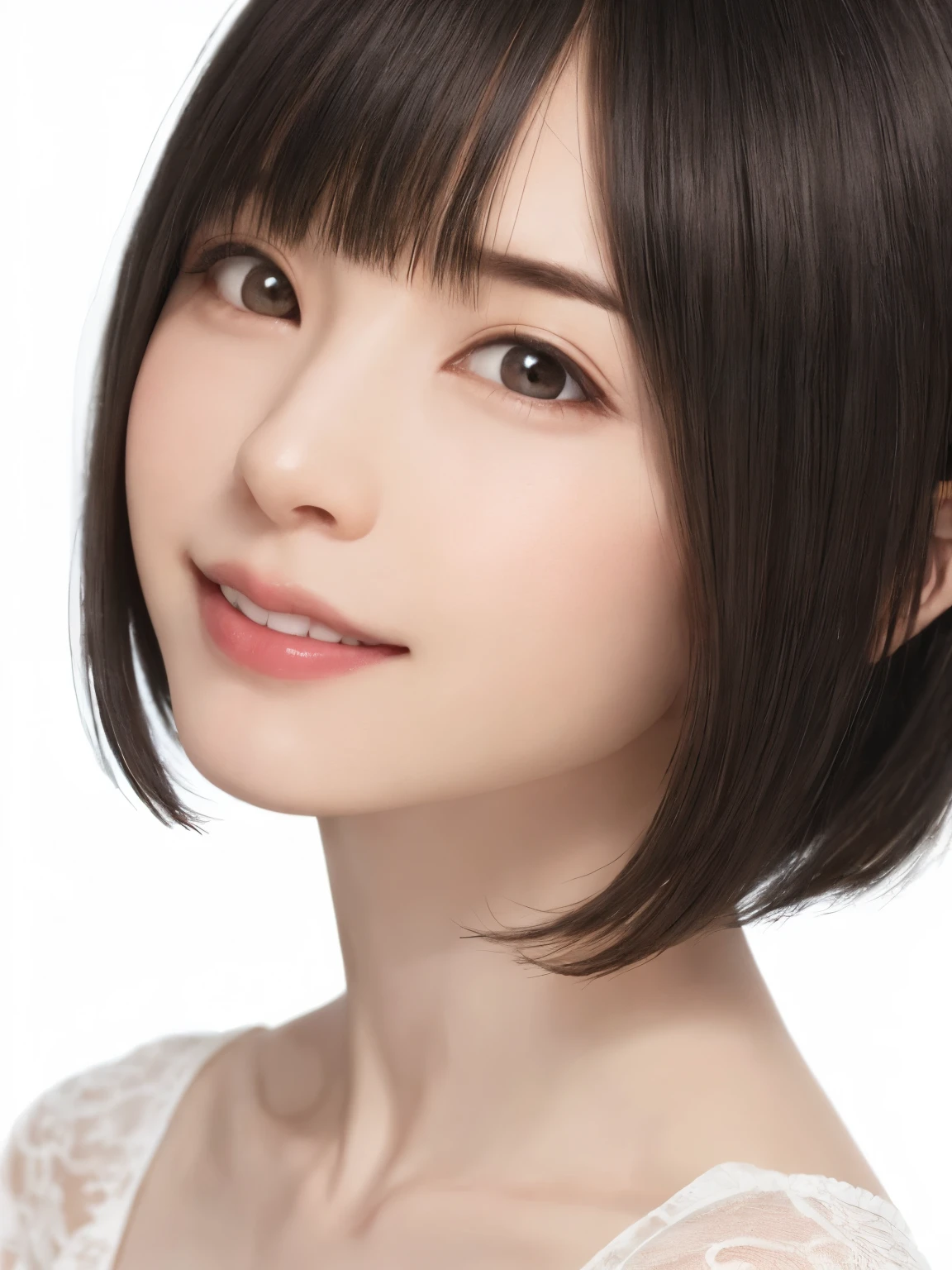 1 girl, alone, Shiny skin, chest, very detaileded, ultra detaileded, Ultra-high resolution, whole body, (Photorealism:1.4), (highest quality), (Best Shadow), Ulzzang-6500, detailed, Perfect lighting, Black Hair, ((Showpiece, highest quality, High precision)), One Girl, (big chest, Realistic: 1.4), (look up at the camera even a little, カメラをlook up, look up, look up at the camera, Looking into the camera))), alone, , White Background, snow-White Background, shut up., smile, pretty Black Hair, short hair, Big eyes, Transparent double eyelids, eyelash, listen, Long neck, Long neck, Absolute area, ((Face close-up, short hair with bangs)), 19 years old, Attractive proportions, Shiny skin, Beautiful clavicle, Golden ratio face, Perfect Face, Teardrop-shaped mole, chestのほくろ, bangs, clean bangs, beautiful bangs, Lip gloss, Thin lips, White skin, I took off my clothes, big chest, Small face, Small face, 少し上を向いてLooking into the camera, ((smile a little for the camera, really nothing pure White Background, very big big chest, big chest))