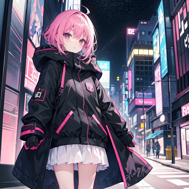 Black corde、parka、short-cut、Pink hair、Inside the city