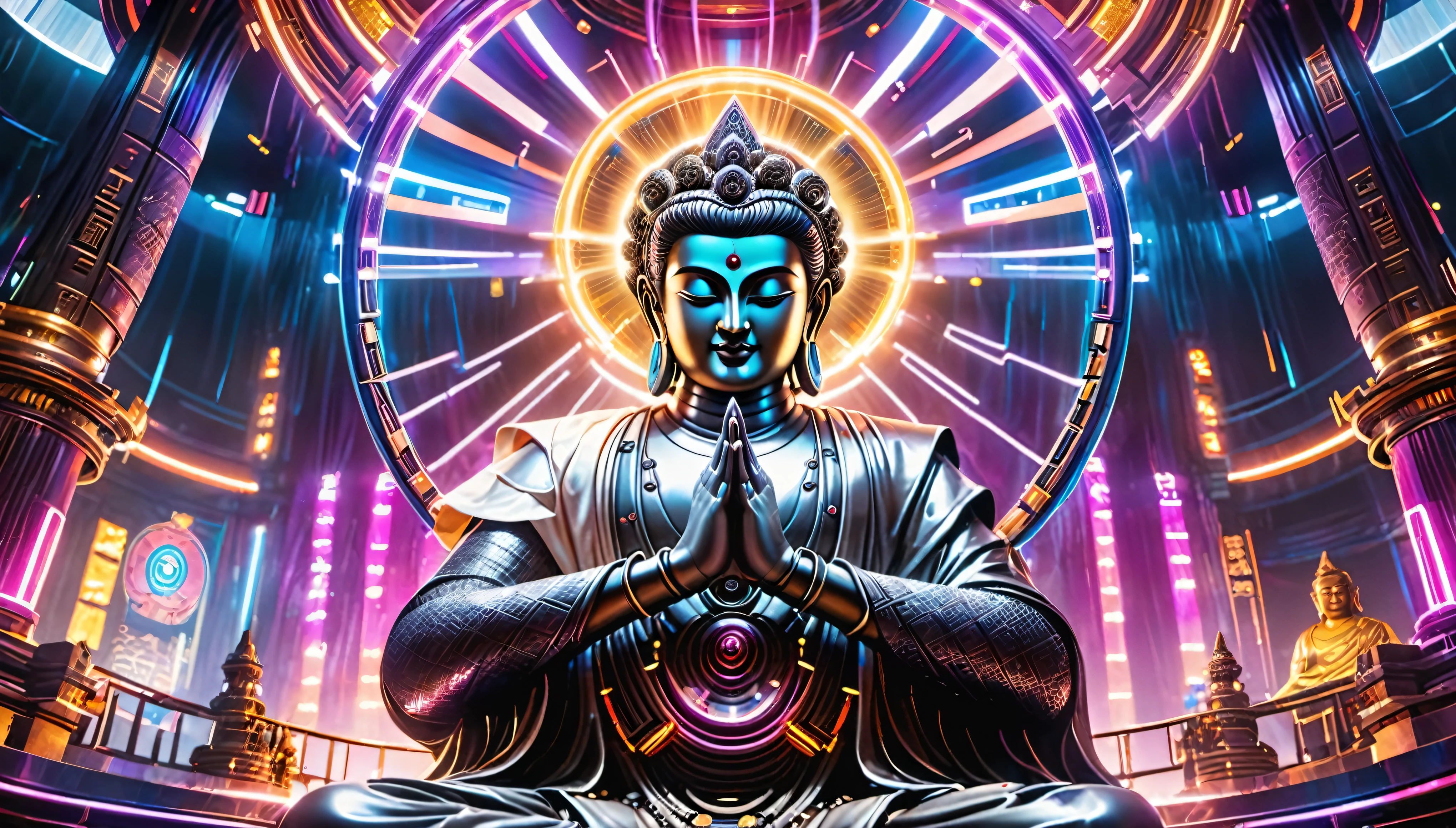 (best quality,highres,ultra-detailed,realistic:1.37),immersive view of the Sacred Mountain with the Enlightened One, Buddha, in the center, surrounded by vibrant neon lights and a cyberpunk atmosphere. The Buddha statue is made of a liquid metal material, reflecting the surrounding lights in a mesmerizing way. The details of the statue are meticulously crafted, showcasing the serene face, intricate hand gestures, and a glowing halo behind. The scene is bathed in a soft, ethereal light, creating a peaceful yet futuristic ambiance.
