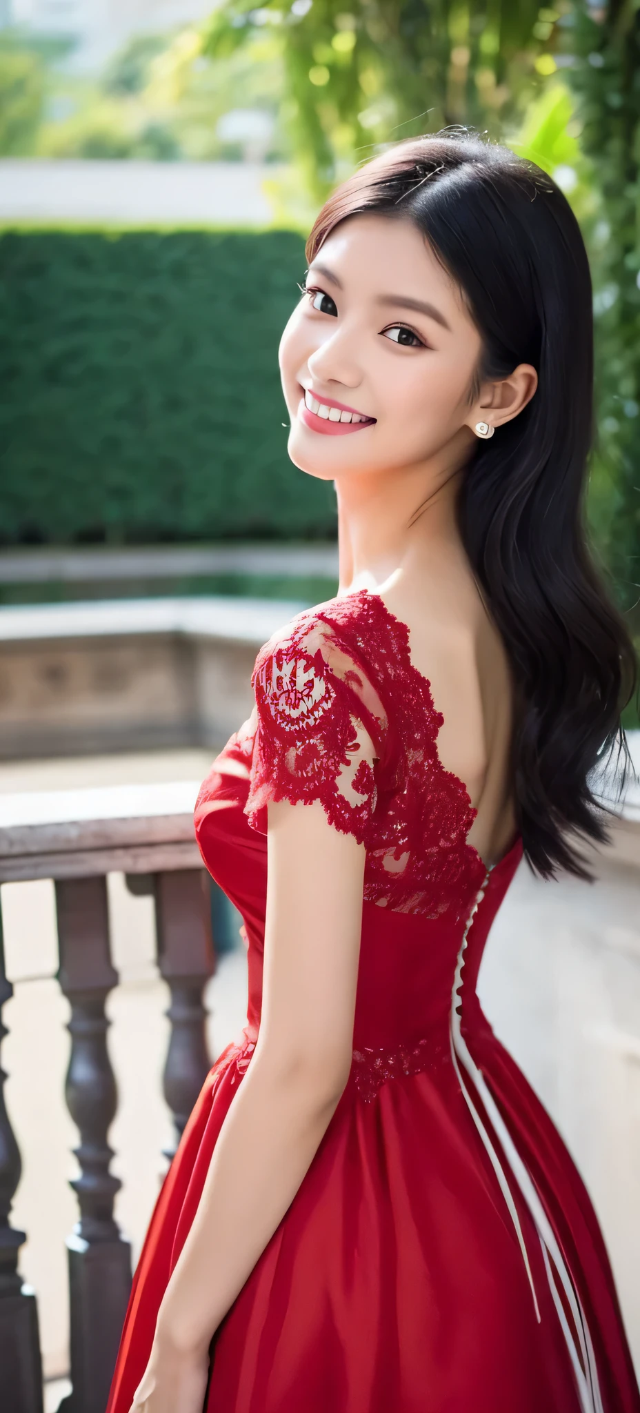 1girl,baiyi,large breast,Blue lips,smile,ponytail,realistic, 1 girl, indonesian girl, 23 years old, (black hair super-long 1 meters), (very beautiful face, very sweet, sharp eyes like an angel from heaven ), (beautiful hair), actress, smile, shiny skin, best quality, masterpiece, (photorealistic:1.4), terrace seating, asian, indonesian, jakarta, denim long skirt (realistic fabric), white short sleeves (cotton fabric), (no logo), thin fingers, a woman in a red dress posing for a picture in a courtyard, a picture by Emma Andijewska, tumblr, tachisme, sexy gown, opened dress, wearing an elegant dress, fantasy long intricate gown, sexy dress, dressed beautiful gown, red gown, wearing a magnificent dress, dressed in red lace, translucent dress, extravagant dress, see through dress