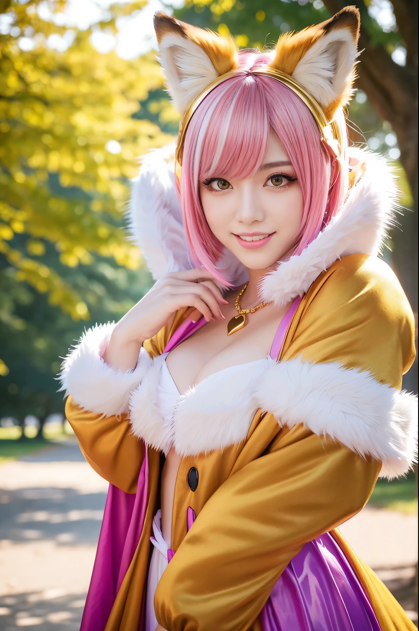 sexy golden princess, (-anime), only 1 female, very short hair, beautiful smile, lipgloss, long lashes, defined eyebrows, detailed fox anime cosplay, fluffy fur vivid colors fox outfit, fox cosplay accessoires, fox ears, vivid colors, look at the camera, cinematic light, large park background with trees, sweet and sexy pose