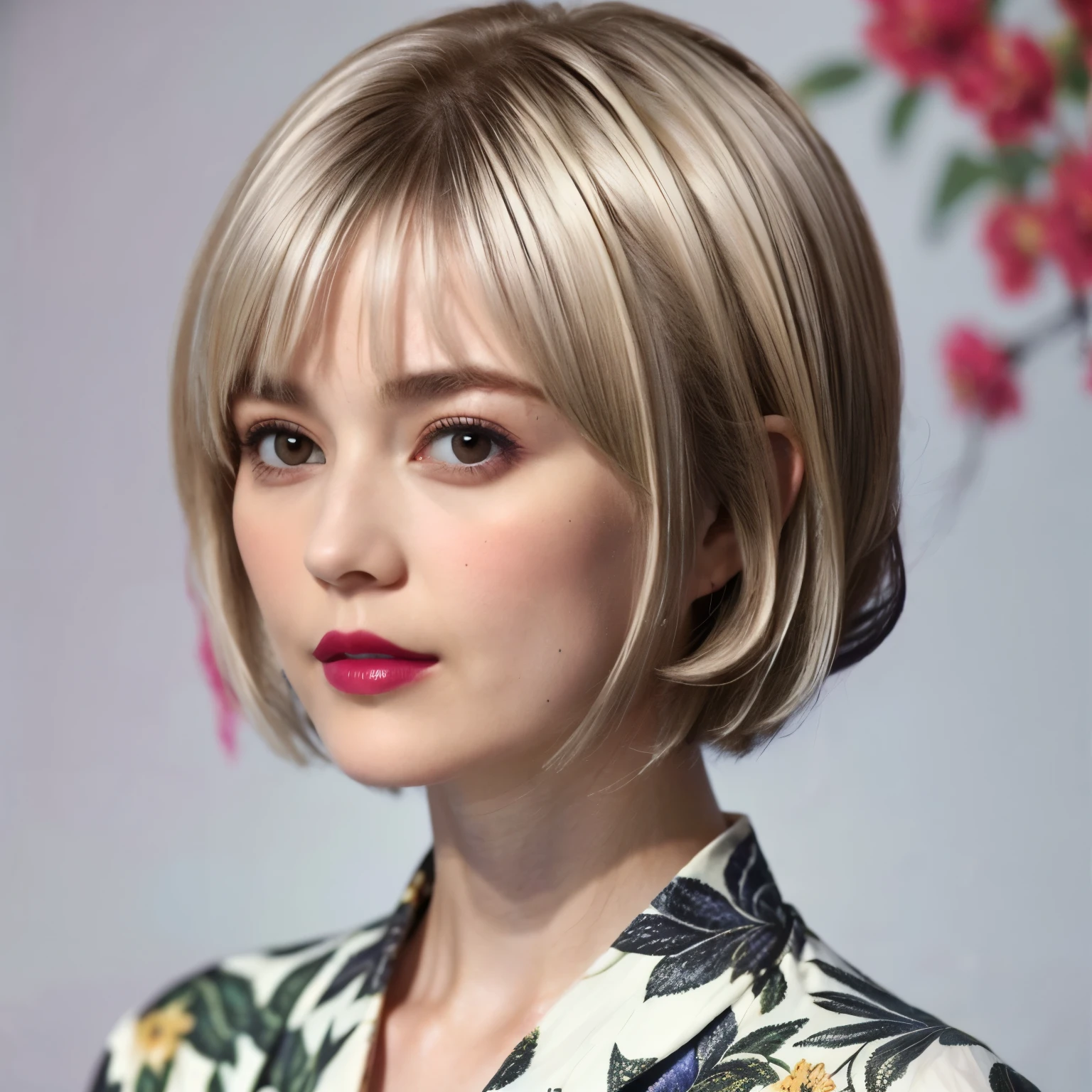 228 (20-year-old woman,Floral clothes),  ((Beautiful Hairstyles 46)), ((short hair:1.46)),  (lipstick)