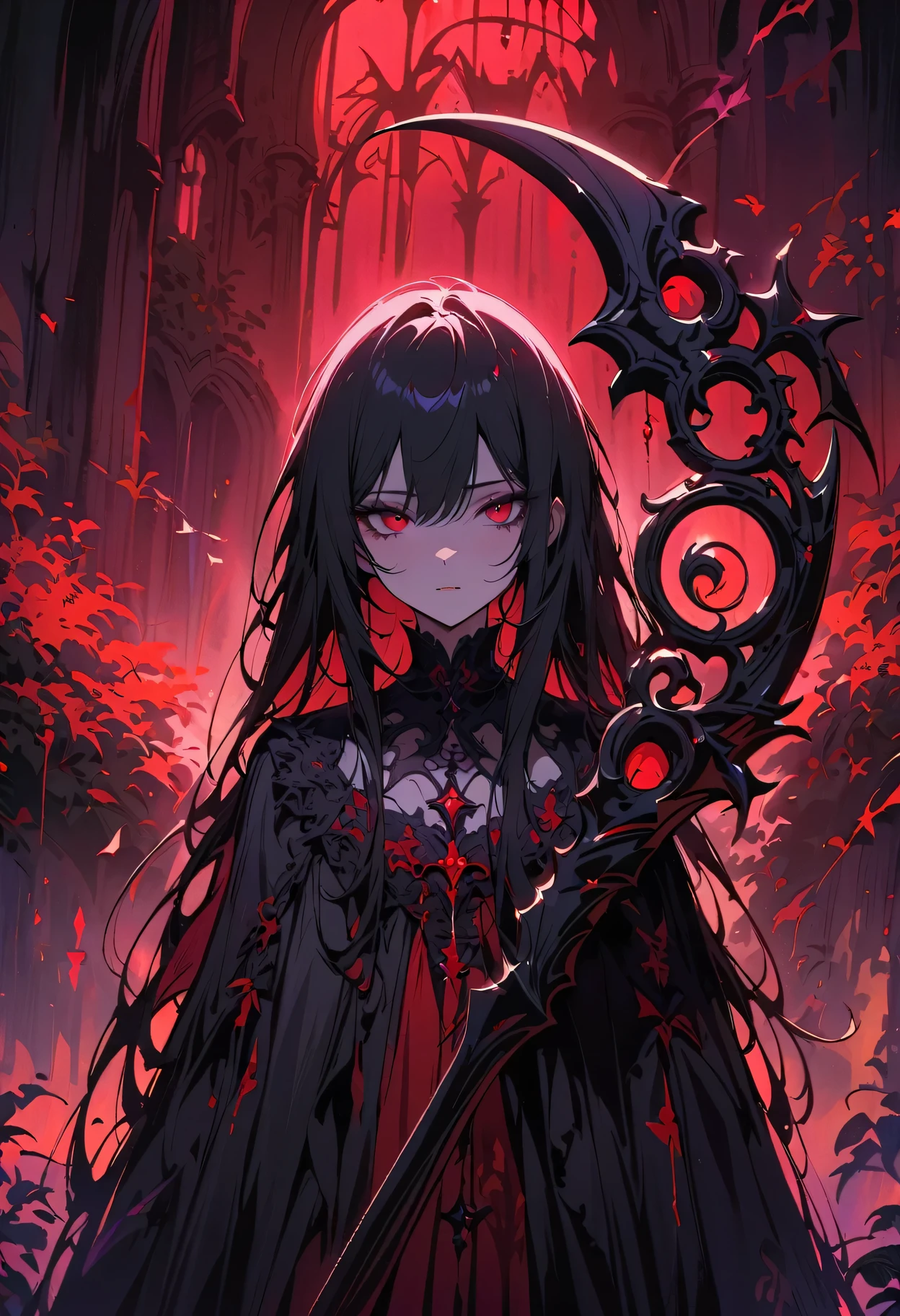 Dark and mysterious,night,Medium shot,Depth of Field,Blood Rain,A gothic anime girl,Holding the Death Scythe,An extraordinary Gothic artistic masterpiece,full-body shot,heavily clouded,unforgettably beautiful,Ethereal moonshine,Eerie Shadows,Strong contrast,Creepy,Artistic masterpiece,Detailed texture,dark palette,Disturbing atmosphere,Impressive artistry,Fine details,Gothic architecture,Dramatic Lighting,Os tons vibrantes de vermelho,an ominous,Strange symbols,Surreal elements