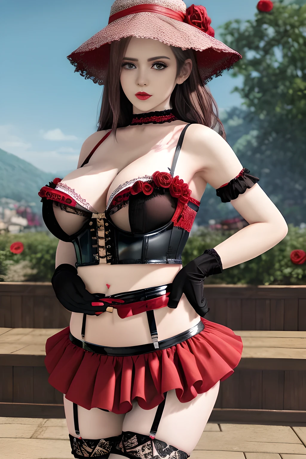 1 girl,BREAK (Royal:1.4), (red and black theme:1.5), ((red) bucket hat with rose corsage:1.4), (fusion of black high neck crop top and latex (red bustier):1.4), ((floral lace, see-through):1.3), ((sleeveless, bare shoulders):1.3), (red tiered skirt with black ruffles:1.4), ((ultra long gloves) with floral lace:1.3), (wrap a (cat garter) around thighs:1.4), outdoor,elegant,nighttime,moonlighe,shiny skin,( huge breasts), lip gloss,tattoos, masterpiece, best quality, realistic ,Surrealism,natural colors art in 8k,soft shadows,High-definition RAW color photos professional portrait photos,solo, elise,