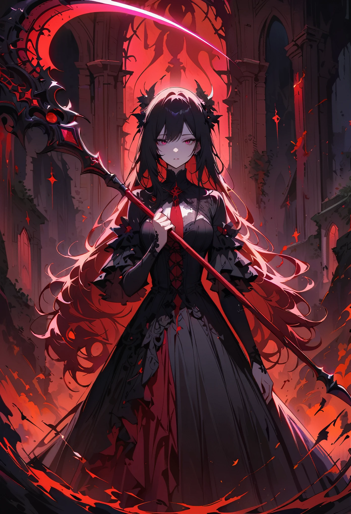 Dark and mysterious,night,Medium shot,Depth of Field,Blood Rain,A gothic anime girl,Holding the Death Scythe,哥特式非同寻常的Artistic masterpiece,full-body shot,heavily clouded,unforgettably beautiful,Ethereal moonshine,Eerie Shadows,Strong contrast,Creepy,Artistic masterpiece,Detailed texture,dark palette,Disturbing atmosphere,Impressive artistry,Fine details,Gothic architecture,Dramatic Lighting,Os tons vibrantes de vermelho,an ominous,Strange symbols,Surreal elements