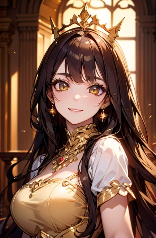 Princess , in castle, high quality, super quality, (detailed face:1.4) ,beautiful young woman , golden eyes, long golden hair , tight gorgeous dress, tiara, necklace , earring , sharpe eyebrow , beautiful bangs are covering her eyes , huge breast ,upper body , model pose , smile