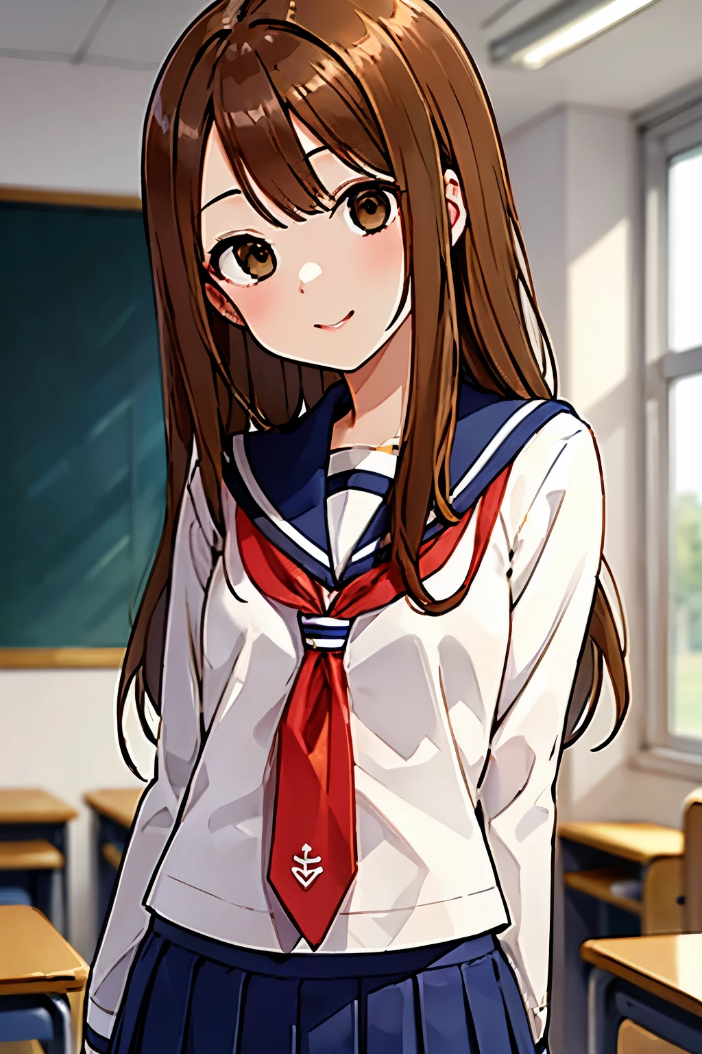 (8K、top-quality、​masterpiece:1.2)、(realisitic、ultra-detailliert、超A high resolution,beautifull detailed face,grand plix award illustration,perfect lighting,perfect body,(1 girl,brown long hair,brown eyes),contrapposro,(school uriform,sailor suit,white collared shirt,navy pleasts skirt,red tie),classroom,seductive posture,