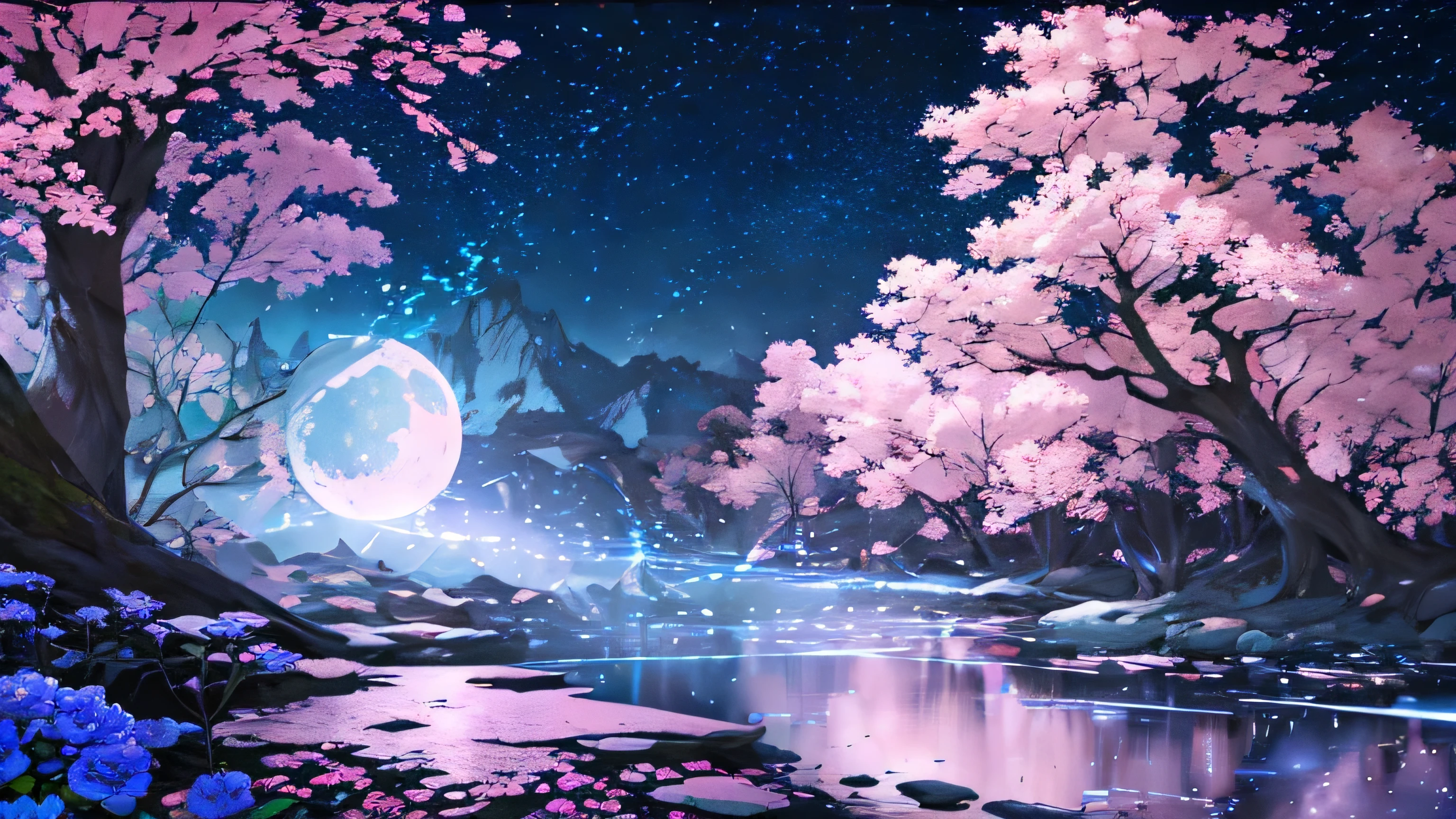There is a painting of a river with flowers in the water - SeaArt AI
