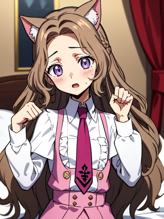 {{{masterpiece}}}, {{{best quality}}}, {{ultra-detailed}}, {illustration}, {{an extremely delicate and beautiful}},Nunnally Vi Britannia,very long hair,brown hair,wavy hair,hair intakes,sidelocks,parted bangs,purple eyes,cat ear,paw pose,on bed,ashford academy ,pink vest,red necktie,collared shirt,white shirt,flat chest,buttons,long sleeves,embarrassed,blush,1thumbs 4fingers,show off shoulder,upper body,face focus,open mouth,