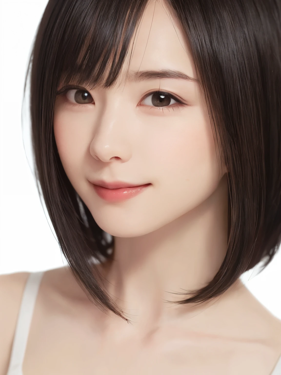 1 girl, alone, Shiny skin, chest, very detaileded, ultra detaileded, Ultra-high resolution, whole body, (Photorealism:1.4), (highest quality), (Best Shadow), Ulzzang-6500, detailed, Perfect lighting, Black Hair, ((Showpiece, highest quality, High precision)), One Girl, (big chest, Realistic: 1.4), (look up at the camera even a little, カメラをlook up, look up, look up at the camera, Looking into the camera))), alone, , White Background, snow-White Background, shut up., smile, pretty Black Hair, short hair, Big eyes, Transparent double eyelids, eyelash, listen, Long neck, Long neck, Absolute area, ((Face close-up, short hair with bangs)), 19 years old, Attractive proportions, Shiny skin, Beautiful clavicle, Golden ratio face, Perfect Face, Teardrop-shaped mole, chestのほくろ, bangs, clean bangs, beautiful bangs, Lip gloss, Thin lips, White skin, I took off my clothes, big chest, Small face, Small face, 少し上を向いてLooking into the camera, ((smile a little for the camera, really nothing pure White Background, very big big chest, big chest))