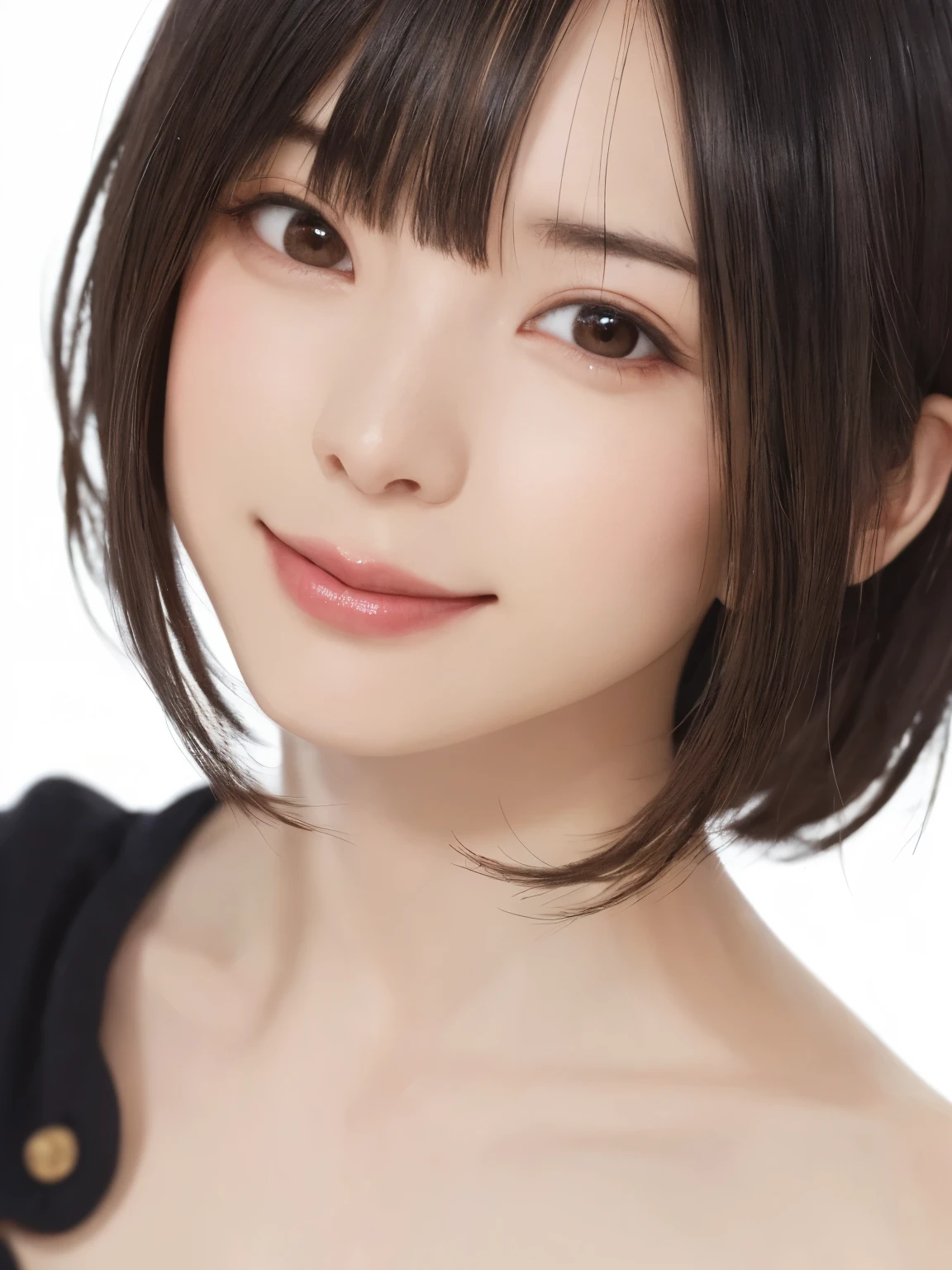 1 girl, alone, Shiny skin, , very detaileded, ultra detaileded, Ultra-high resolution, whole body, (Photorealism:1.4), (highest quality), (Best Shadow), Ulzzang-6500, detailed, Perfect lighting, Black Hair, ((Showpiece, highest quality, High precision)), One Girl, (big , Realistic: 1.4), (look up at the camera even a little, カメラをlook up, look up, look up at the camera, Looking into the camera))), alone, , White Background, snow-White Background, shut up., smile, pretty Black Hair, short hair, Big eyes, Transparent double eyelids, eyelash, listen, Long neck, Long neck, Absolute area, ((Face close-up, short hair with bangs)), 19 years old, Attractive proportions, Shiny skin, Beautiful clavicle, Golden ratio face, Perfect Face, Teardrop-shaped mole, のほくろ, bangs, clean bangs, beautiful bangs, Lip gloss, Thin lips, White skin, I took off my clothes, big , Small face, Small face, 少し上を向いてLooking into the camera, ((smile a little for the camera, really nothing pure White Background, very big big , big ))