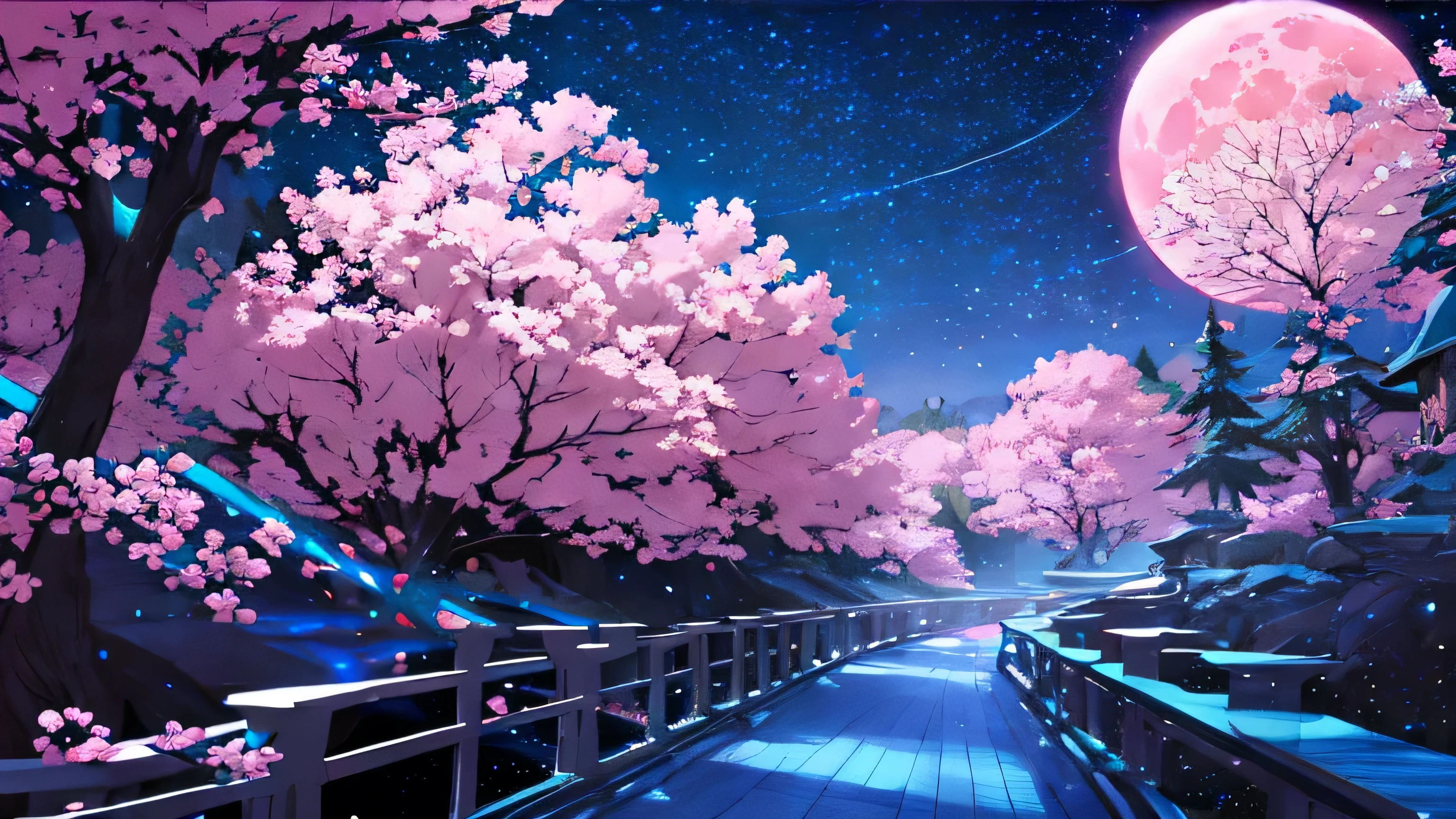 paint (stroke)+, atmosphere, Natural scenery, Aspect ratio 1:1, Ray Tracing, Bokeh, Smooth, (colorful), (Detailed, intricate and busy background: 0.8), fantasy flowers, (night:1.4), Intricate details, beautiful glitters, Flat Illustration, Love for details, (Super detailed), Photon Mapping, ((Intricate details)), (big pink moon)