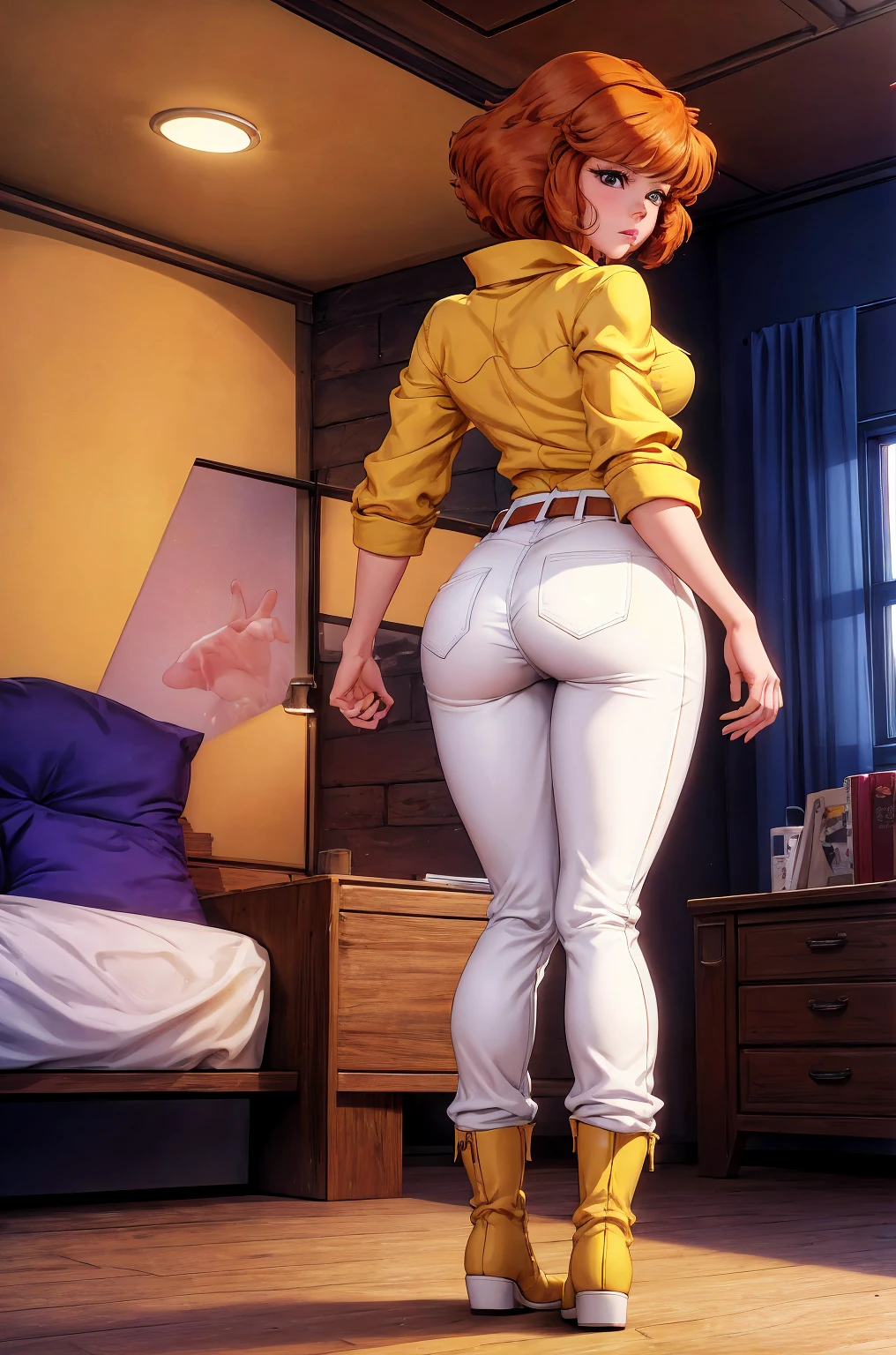 absurdres, april o'neil, 1girl, solo, 1 person in picture, short brown hair, black eyes, full body, yellow jumpsuit, sleeves rolled up, white belt, high white boots, tight clothes, standing , by sofa, in her room, sad, shy, cameltoe, nipples, ass, back view, ass focus, spread ass, ass zoom in, bending over,