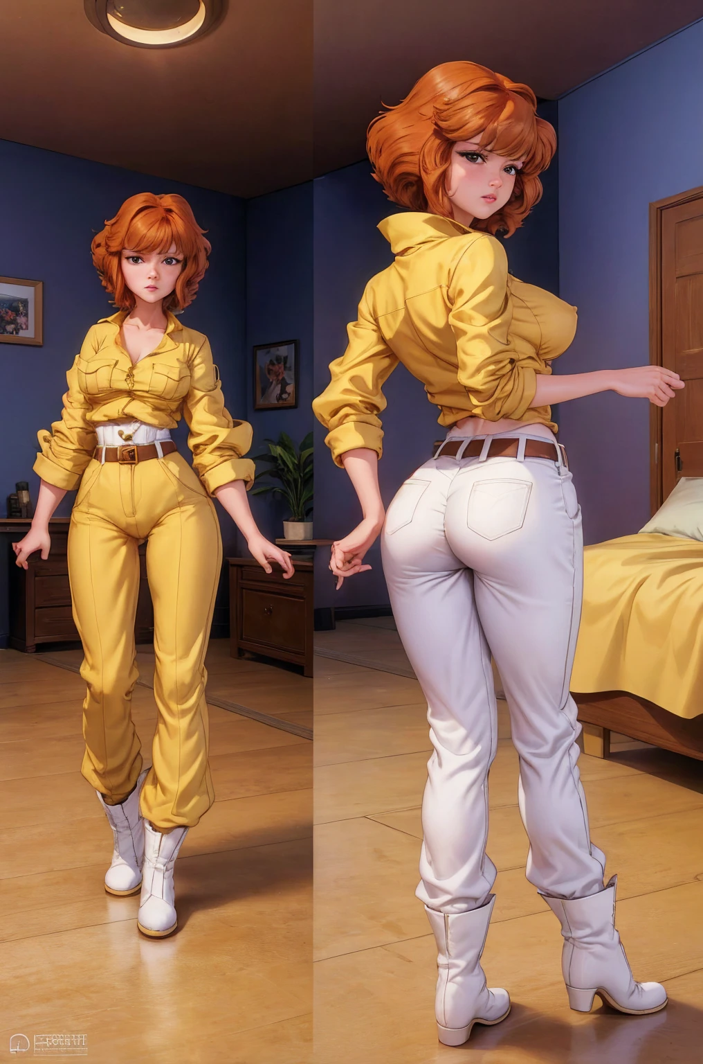 absurdres, april o'neil, 1girl, solo, 1 person in picture, short brown hair, black eyes, full body, yellow jumpsuit, sleeves rolled up, white belt, high white boots, tight clothes, standing , by sofa, in her room, sad, shy, cameltoe, nipples, ass, back view, ass focus, spread ass, ass zoom in, bending over,