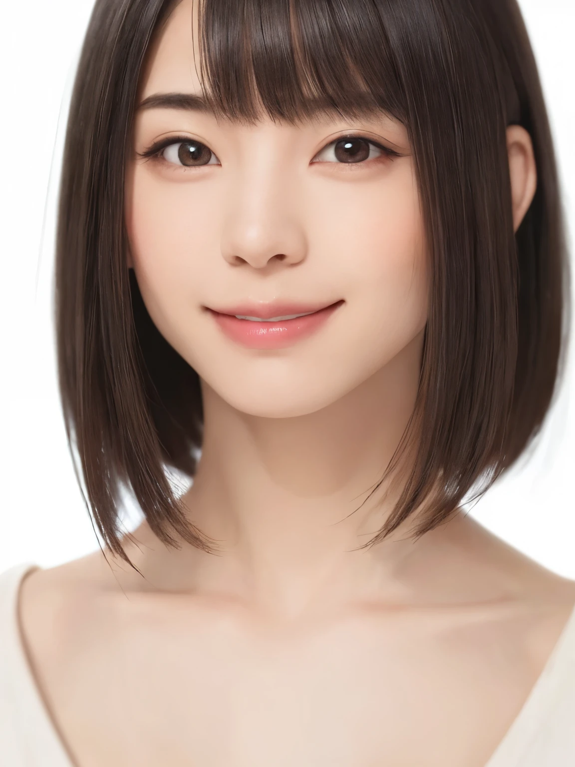1 girl, alone, Shiny skin, chest, very detaileded, ultra detaileded, Ultra-high resolution, whole body, (Photorealism:1.4), (highest quality), (Best Shadow), Ulzzang-6500, detailed, Perfect lighting, Black Hair, ((Showpiece, highest quality, High precision)), One Girl, (big chest, Realistic: 1.4), (look up at the camera even a little, カメラをlook up, look up, look up at the camera, Looking into the camera))), alone, , White Background, snow-White Background, shut up., smile, pretty Black Hair, short hair, Big eyes, Transparent double eyelids, eyelash, listen, Long neck, Long neck, Absolute area, ((Face close-up, short hair with bangs)), 19 years old, Attractive proportions, Shiny skin, Beautiful clavicle, Golden ratio face, Perfect Face, Teardrop-shaped mole, chestのほくろ, bangs, clean bangs, beautiful bangs, Lip gloss, Thin lips, White skin, I took off my clothes, big chest, Small face, Small face, 少し上を向いてLooking into the camera, ((smile a little for the camera, really nothing pure White Background, very big big chest, big chest))