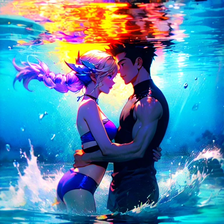 Disorganized、Man and woman couple、highest quality、Masterpiece、Official Art、16K、The best composition、The best light source、The girl has milky white hair with purple inner color, twin long braids, and is wearing a black and purple bikini.、The man had short milky white hair and was wearing white and light blue swimming trunks.、Midsummer Sea、Water Splash、Smiling and splashing water on each other、