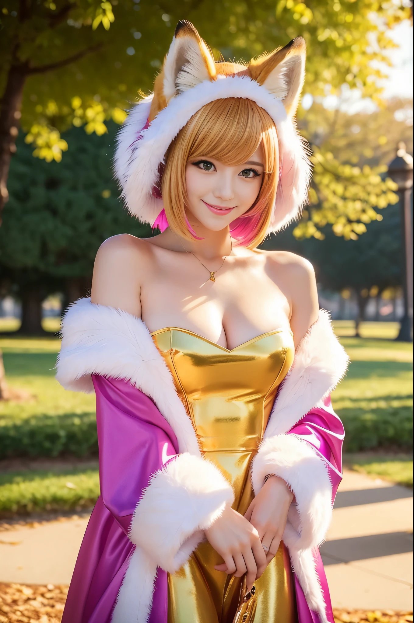 sexy golden princess, (-anime), only 1 female, very short hair, beautiful smile, lipgloss, long lashes, defined eyebrows, detailed fox anime cosplay, fluffy fur vivid colors fox outfit, fox cosplay accessoires, fox ears, vivid colors, look at the camera, cinematic light, large park background with trees, sweet and sexy pose